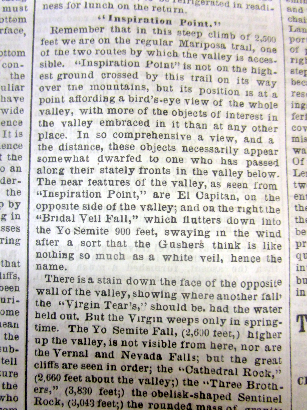 1869 newspaper w DETAILED REPORT of an early TRIP to YOSEMITE VALLEY California