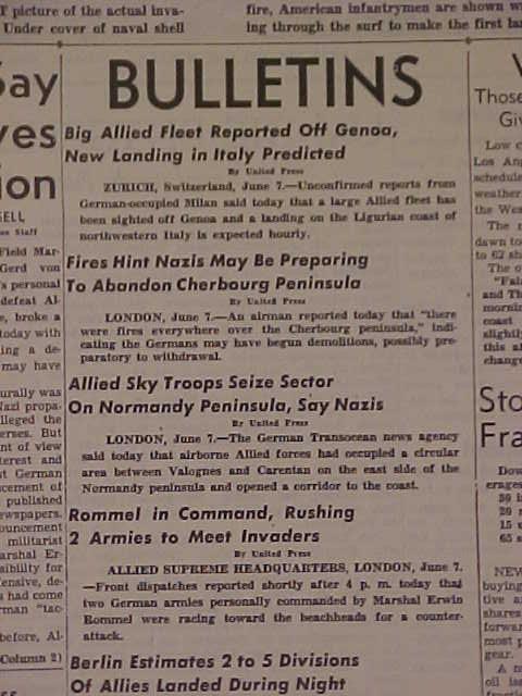 VINTAGE NEWSPAPER HEADLINES~ WORLD WAR 2 D-DAY INVASION FRANCE BEACH WWII 1944