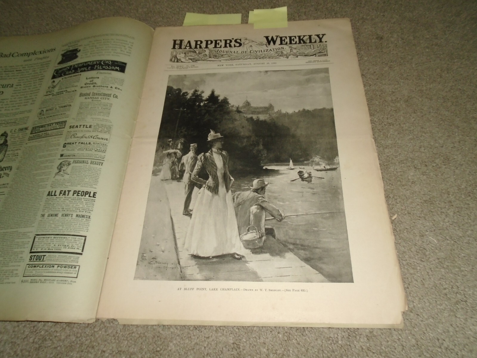 Harper’s Weekly 8/16, 1890 Frederic Remington Drawing, Sail Canoes