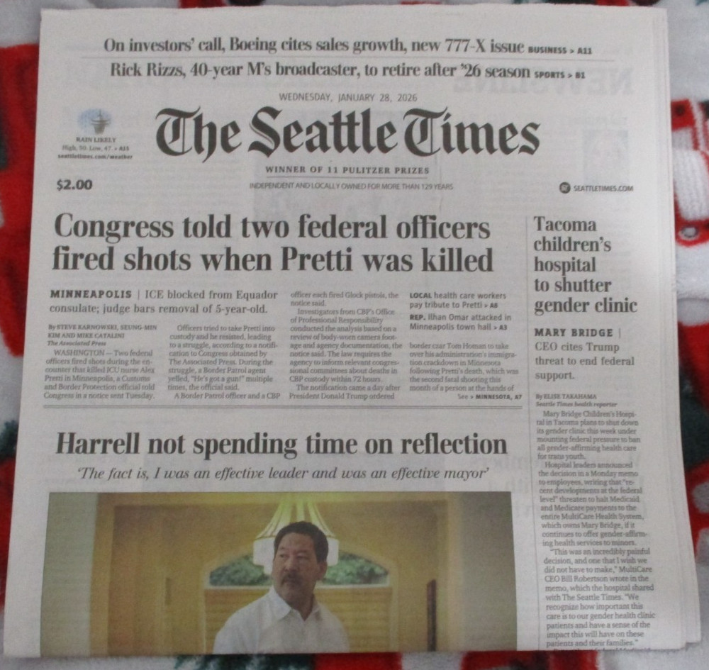 SEATTLE MARINERS 1/28/2026 NEWSPAPER RICK RIZZS ANOUNCER RETIREMENT HOLY SMOKES!