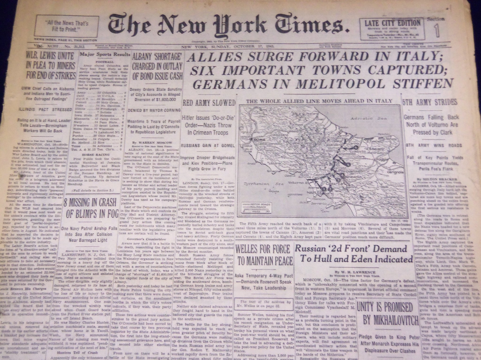 1943 OCTOBER 17 NEW YORK TIMES – ALLIES SURGE FORWARD IN ITALY – NT 1760