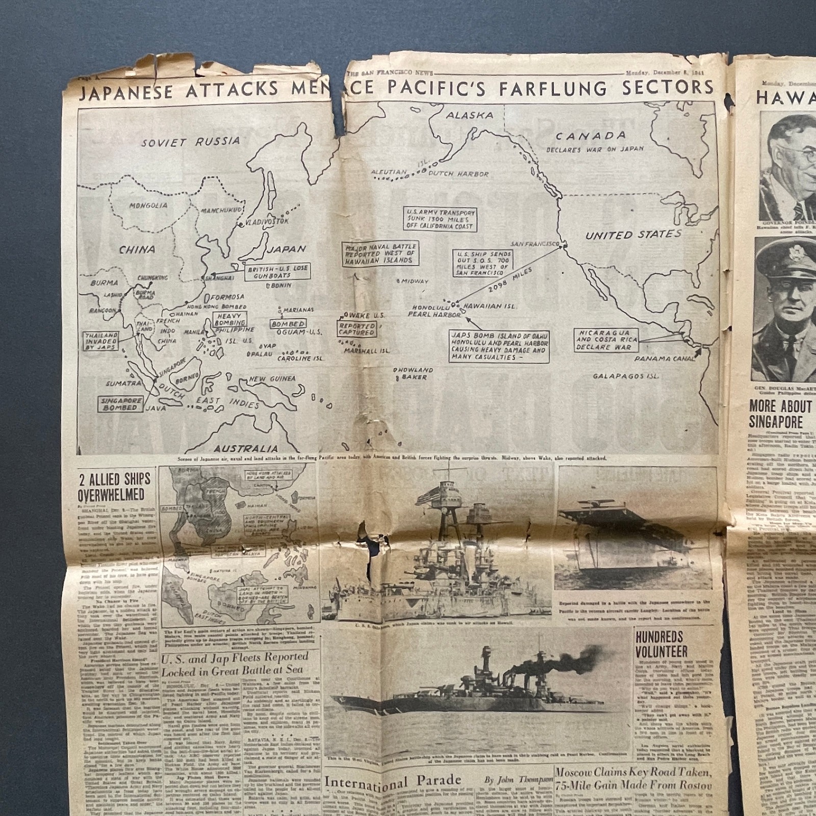 ORIGINAL Dec 8 1941 San Francisco News Newspaper • Japan Attacks Pearl Harbor
