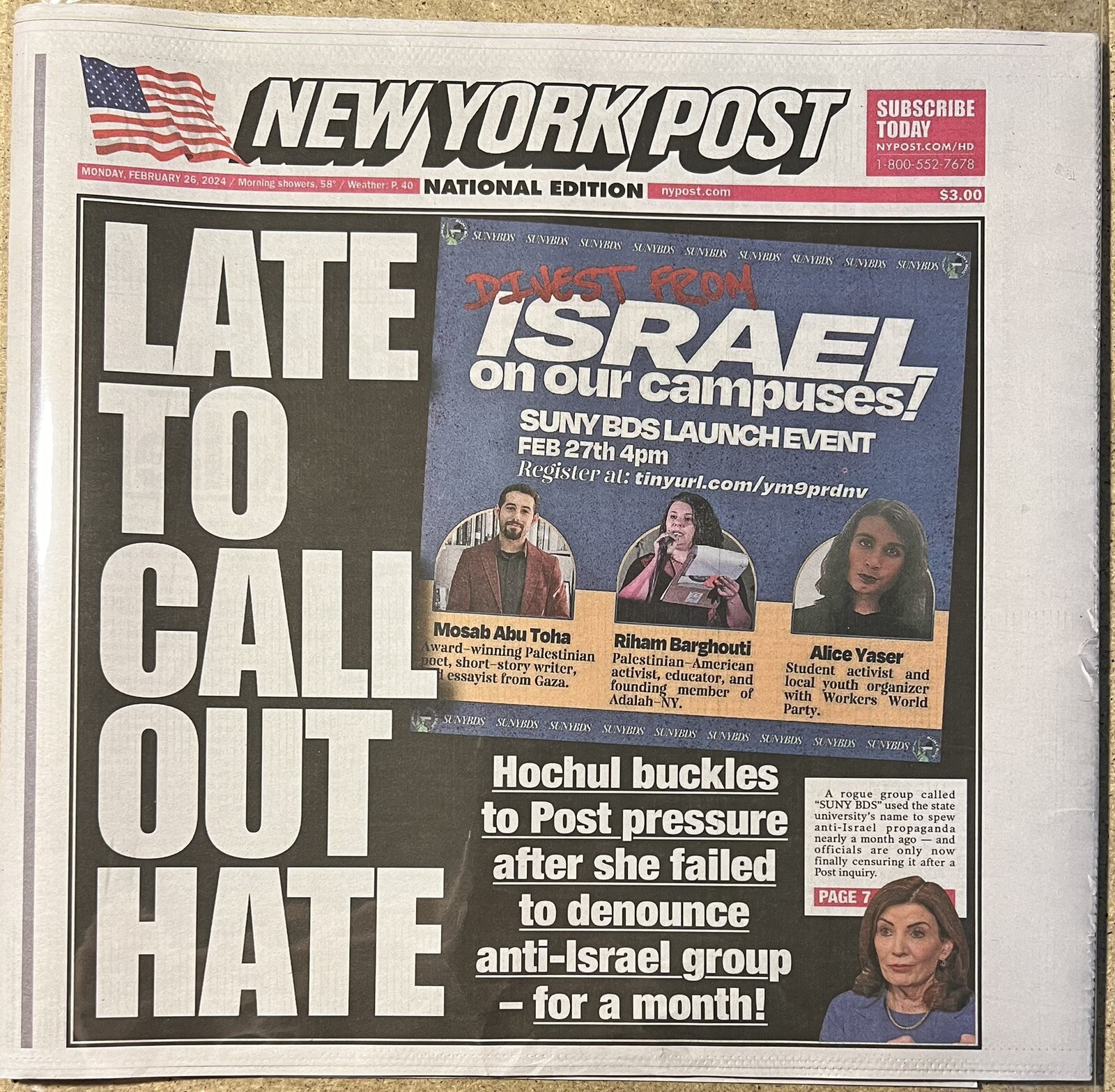 NEW YORK POST – 2/26/24 – LATE TO CALL OUT HATE – HOCHUL BUCKLES TO POST