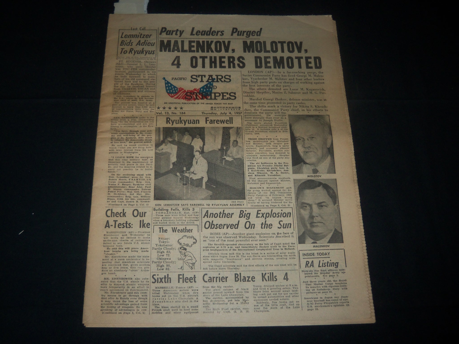 1957 JULY 4 PACIFIC STARS AND STRIPES NEWSPAPER – MALENKOV – MOLOTOV – NP 3467