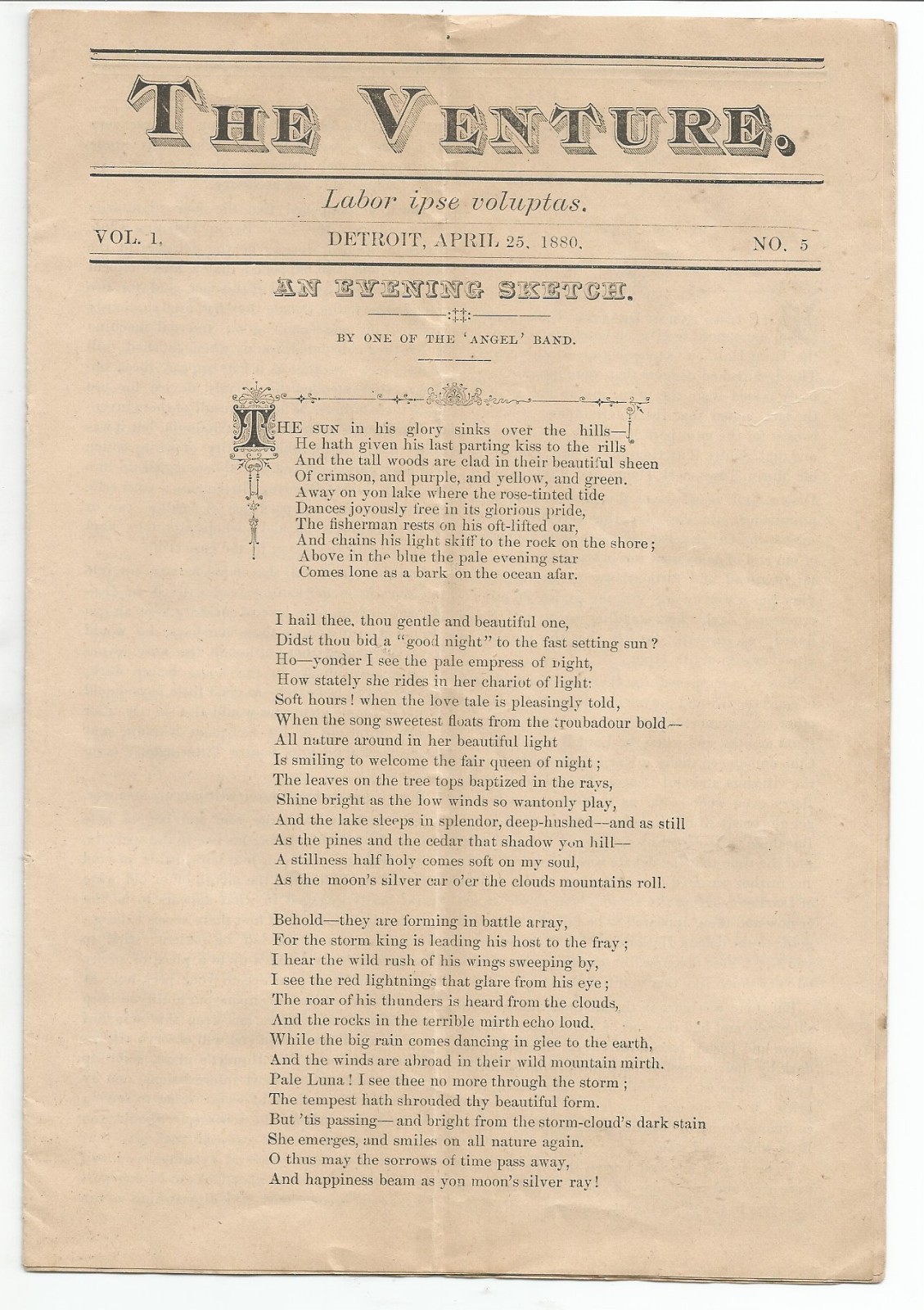 Detroit, Michigan… Amatuer Newspaper.. The Venture…April 25, 1880.. 12 Pages