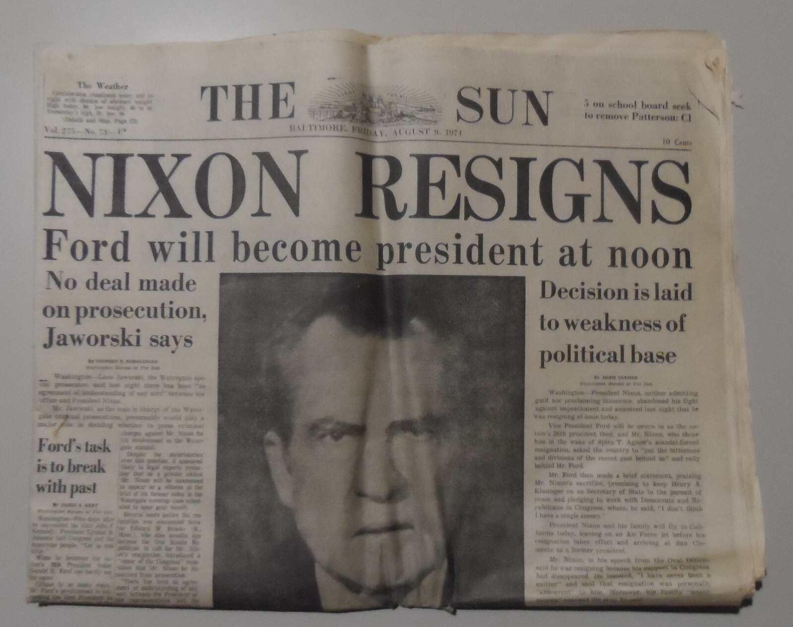 August 9, 1974, Baltimore Sun Newspaper Nixon Resigns – REDUCED!!!