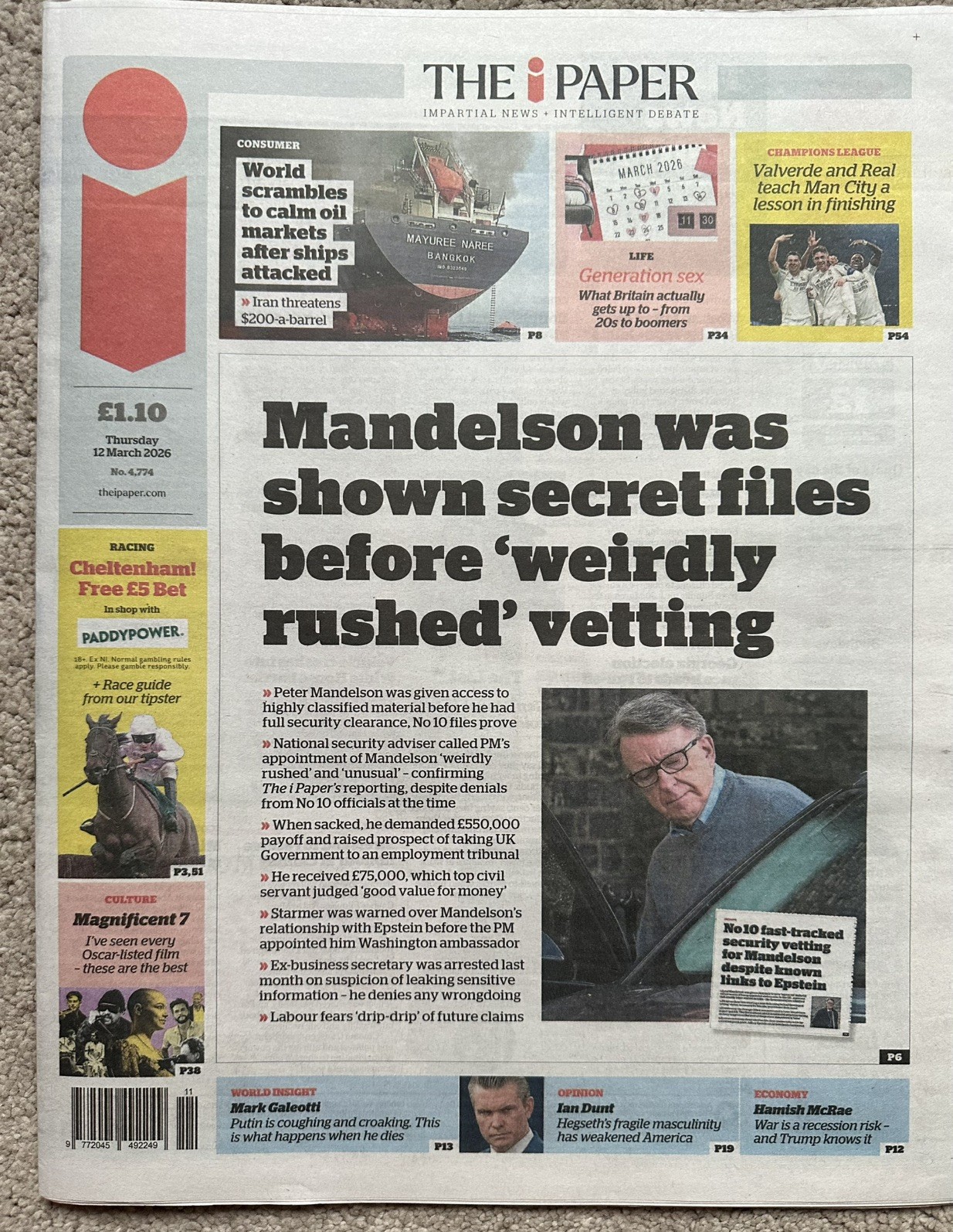 The I Paper 12th March 2026 12/3/26 Peter Mandelson Revelations & Thai Ship Hit