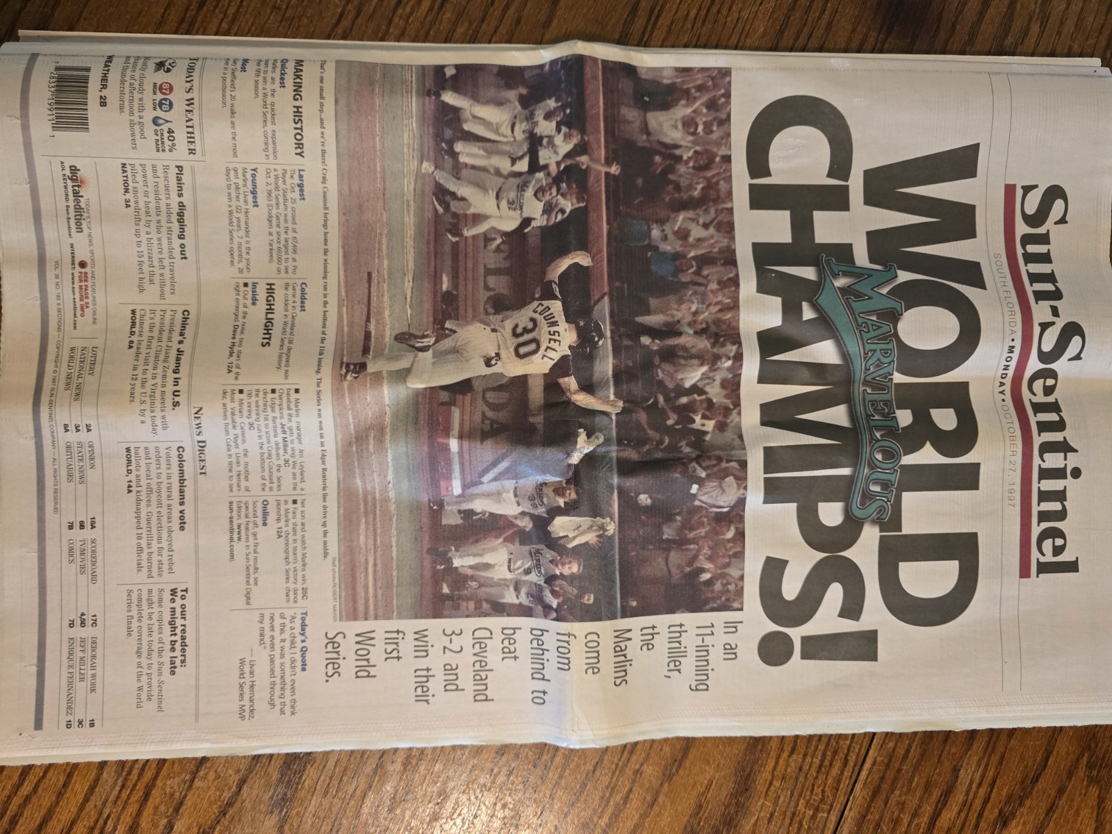 Marlins Win World Series 1997 Sun-Semtinel Newspaper Full Paper Never Read