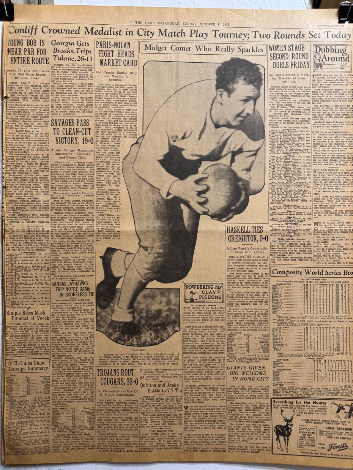 1933 CLASSEN HIGHSCHOOL OKLA. CITY NEWSPAPER PAGE FRED SIMS FOOTBALL PLAYER