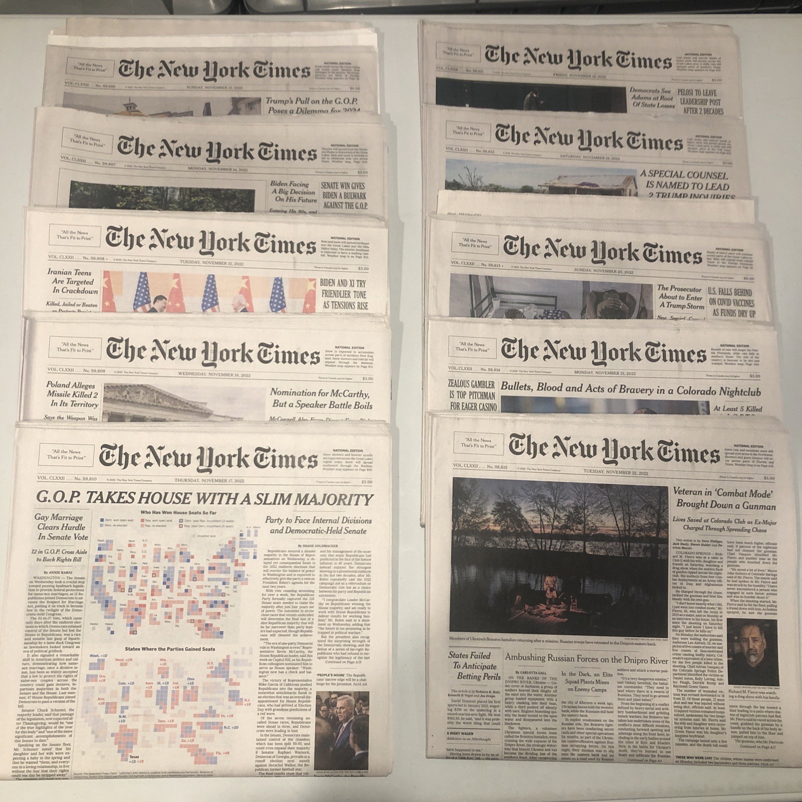 New York Times 10 Used Newspapers Lot – Nov 13 14 15 16 17 18 19 20 21 22, 2022