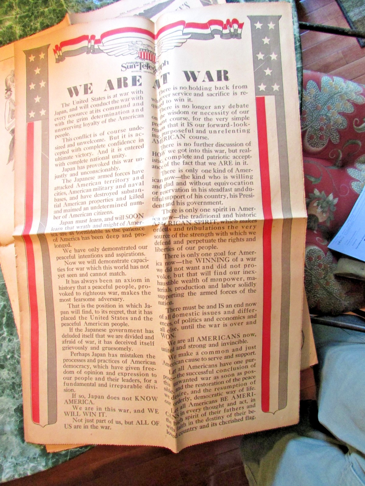 December 8, 1941 – U. S. VOTES WAR ON JAPS – Pittsburgh Sun-Telegraph