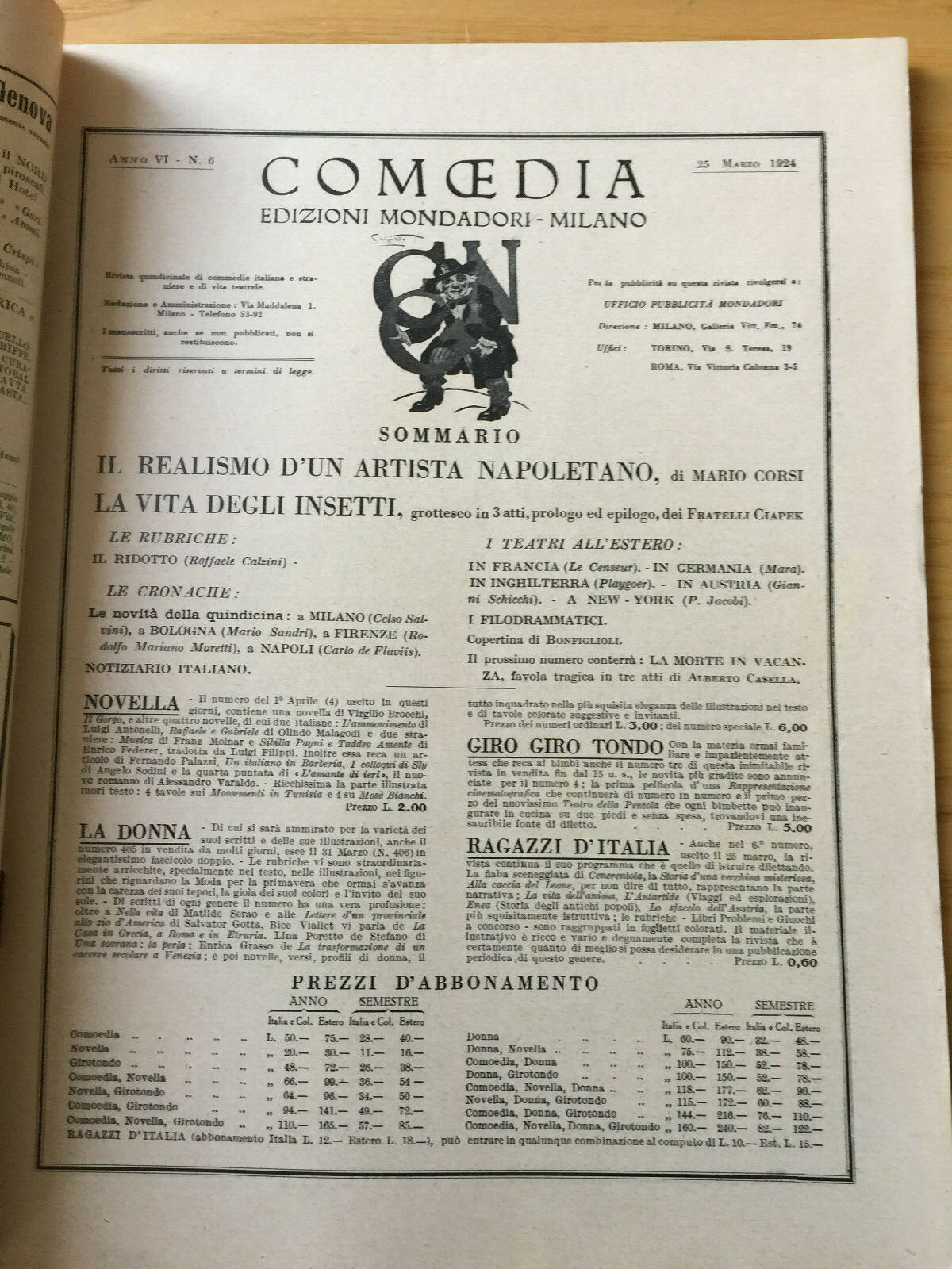 MONDADORI COMEDIA PERIODICO COMEDIA E VITA THEATRALE N° 6 1924 2/19