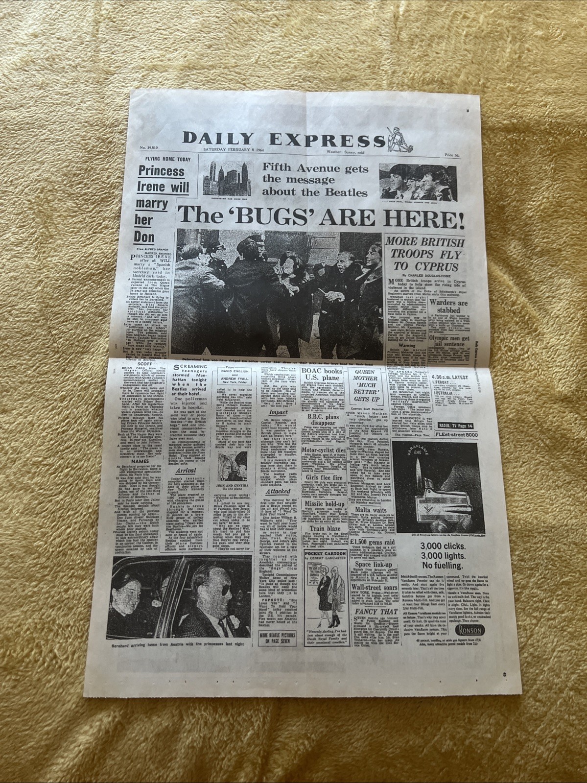 Beatles Hit The USA Express Feb 8 1964 REPRINT Front Page Newspaper