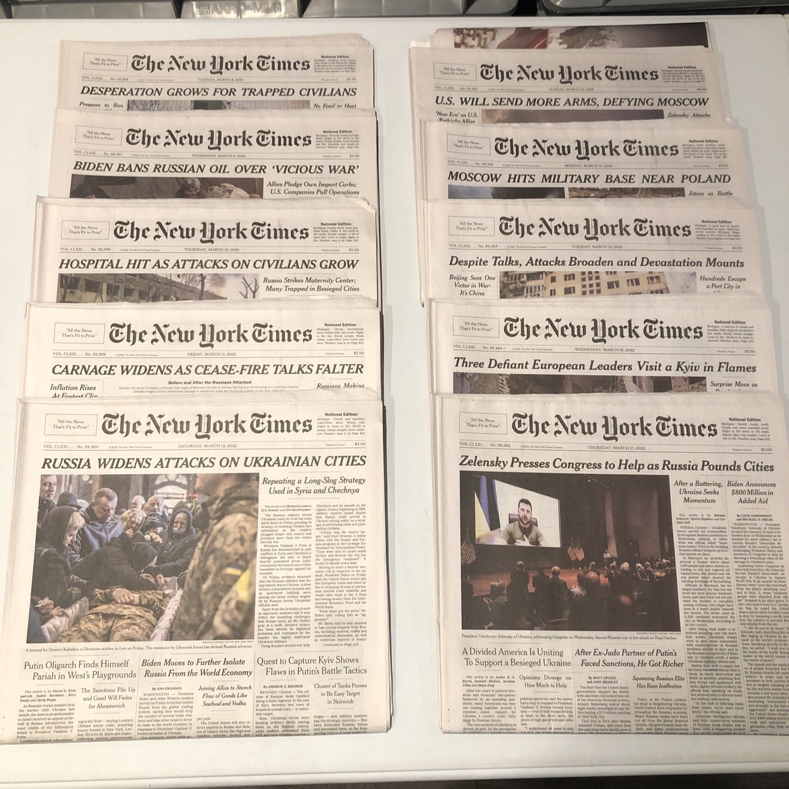New York Times 10 Used Newspapers Lot, March 8 9 10 11 12 13 14 15 16 17, 2022