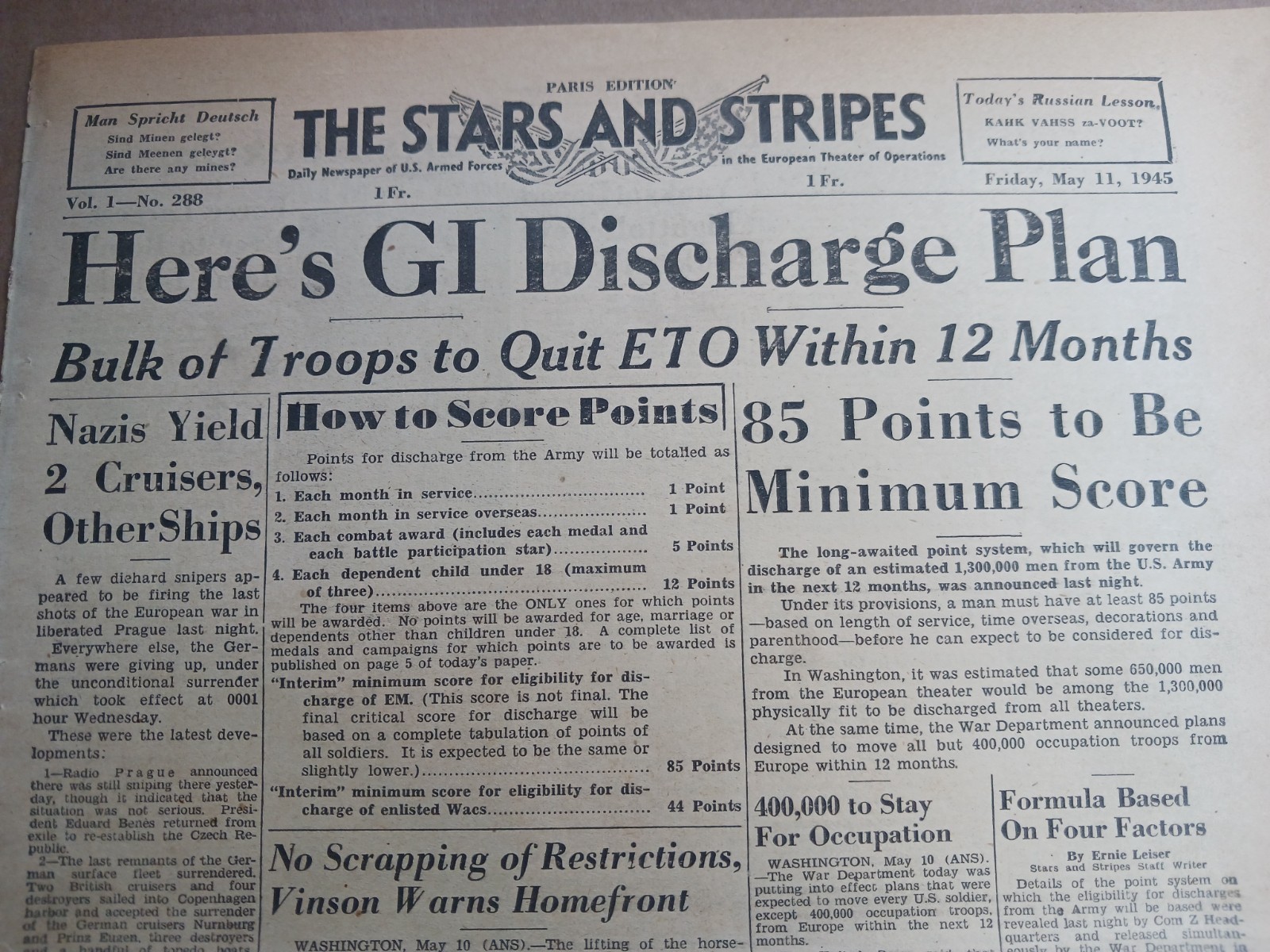 NEWSPAPER – STARS AND STRIPES – HERE’S GI DISCHARGE PLAN – MAY 11, 1945