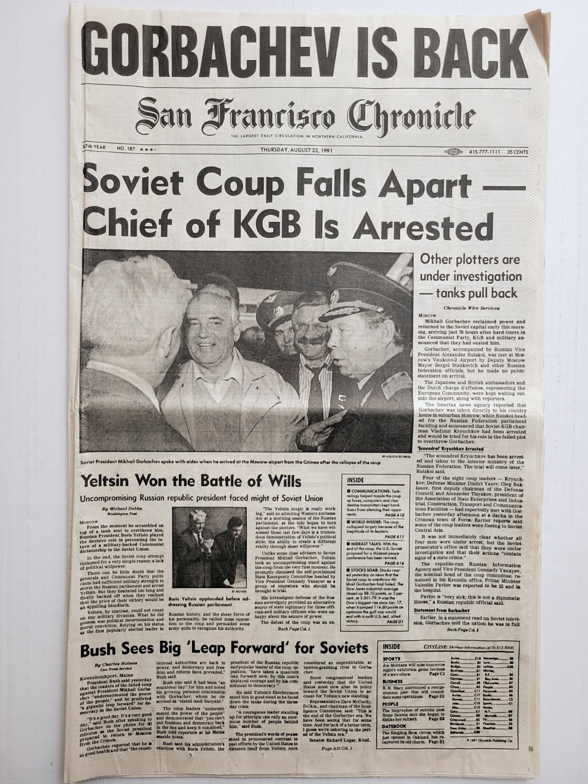 1991 Aug 22: San Francisco Chronicle “GORBACHEV IS BACK” Russian Soviet Collapse