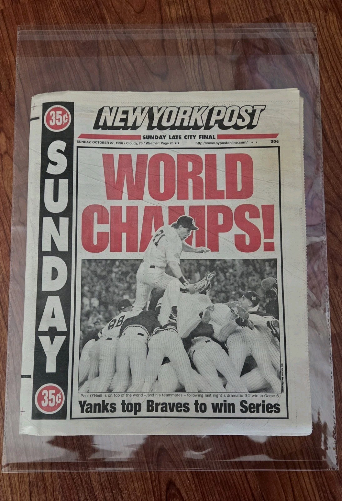 NY YANKEES WORLD SERIES CHAMPS 10/27/1996 NY POST .. FRAME IT!!