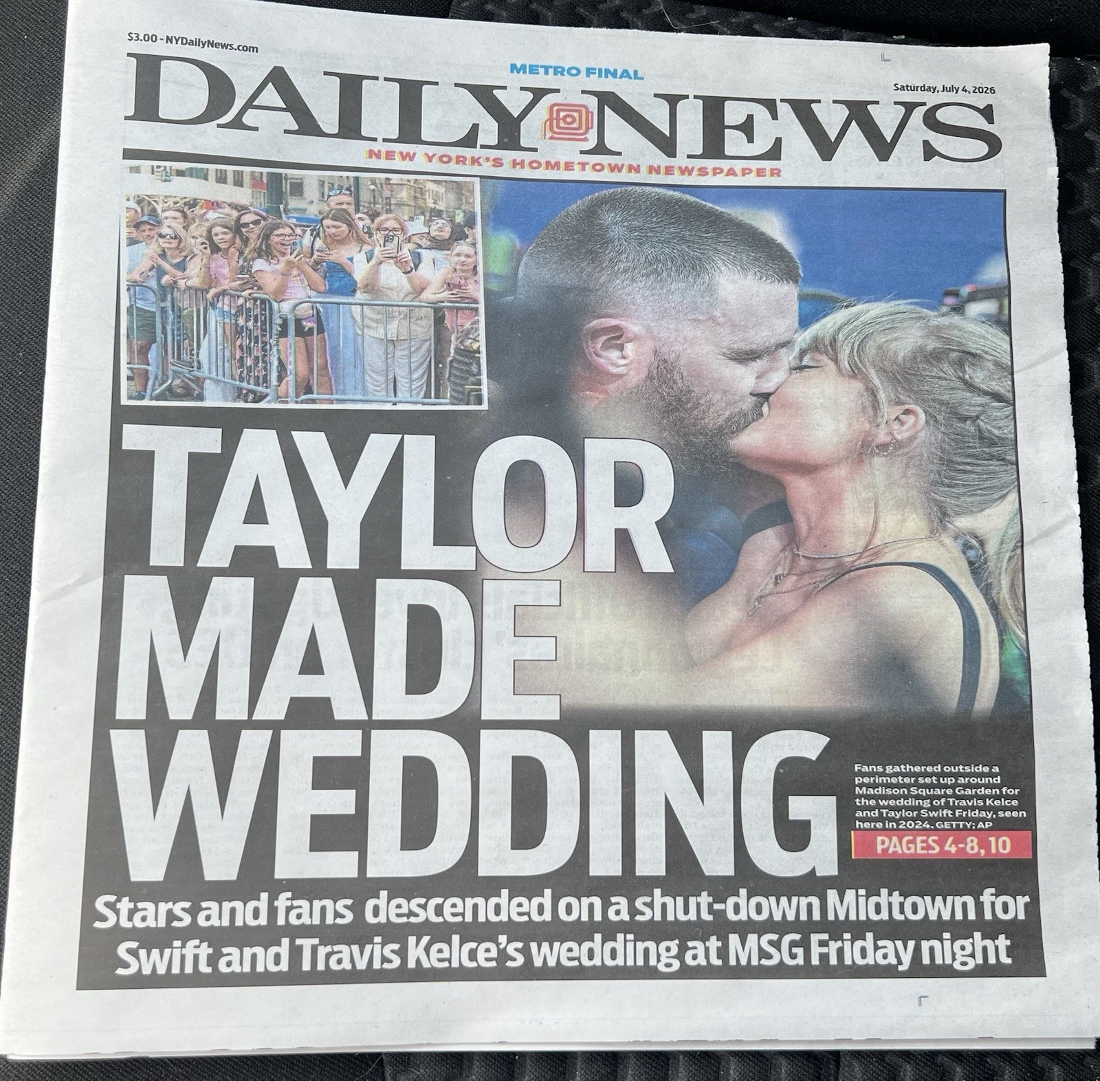 Taylor Swift Wedding Newspaper Travis Kelce NY Daily News 7/4/26 NYC HISTORIC