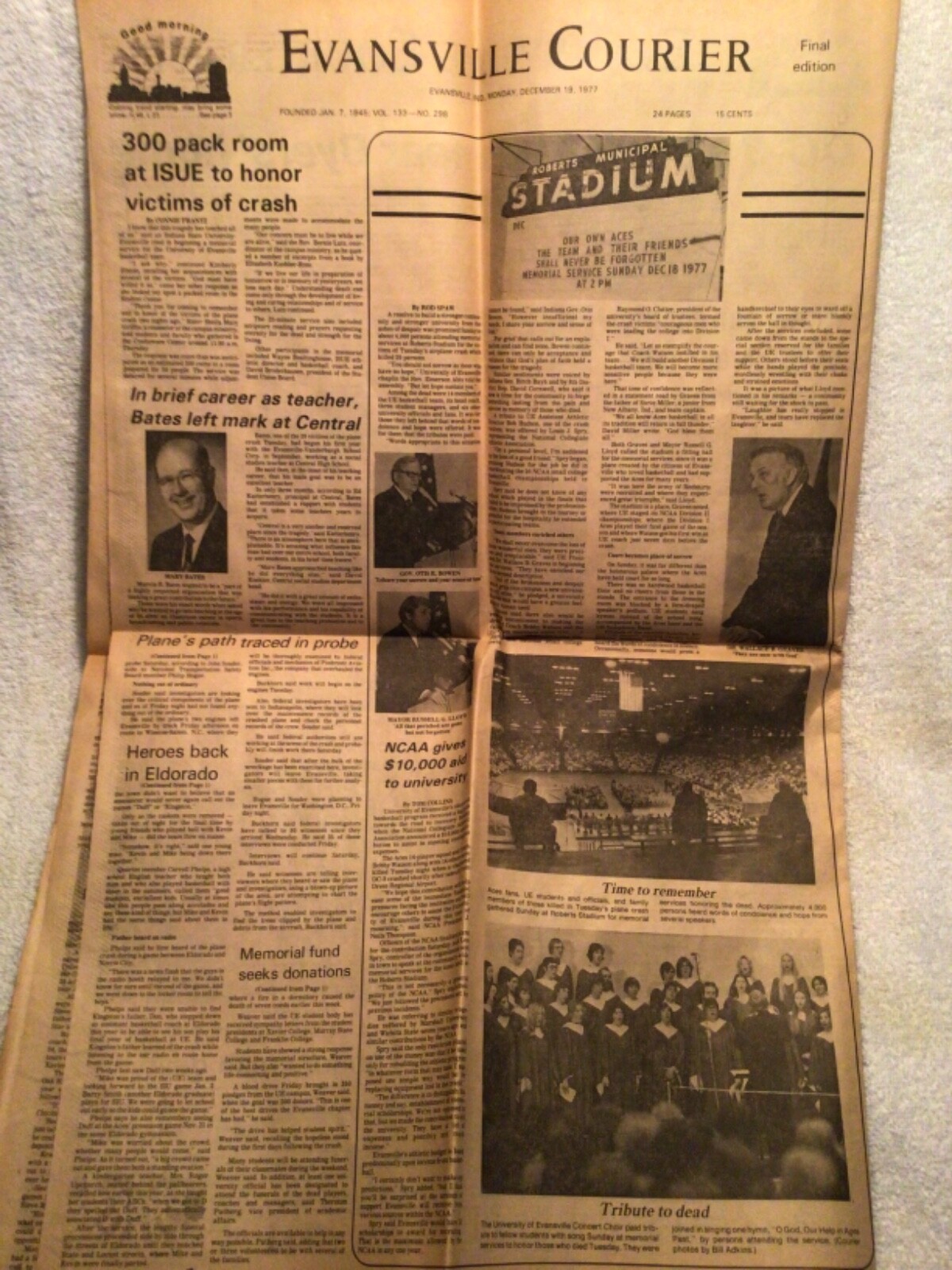 Memorial Edition Newspaper Coverage of 1977 University of Evansville Plane Crash