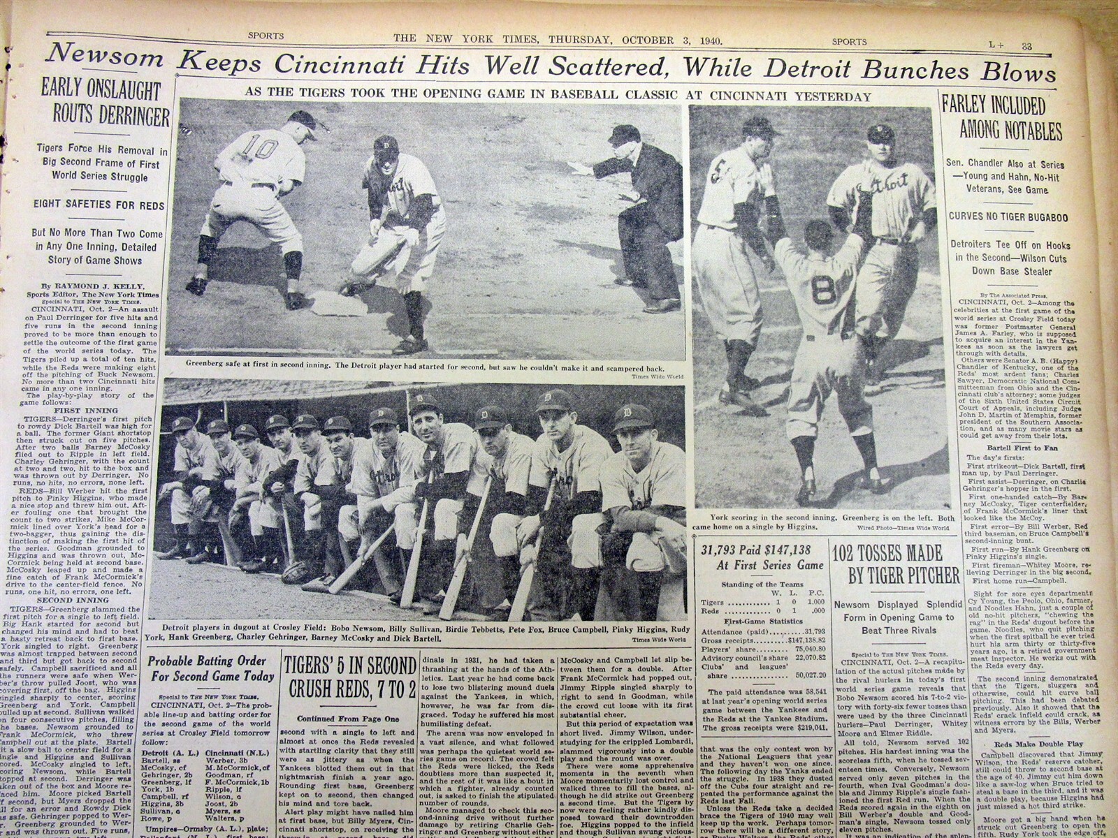 7 1940 NY Times newspapers CINCINNATI REDS win baseball World Series vs DETROIT
