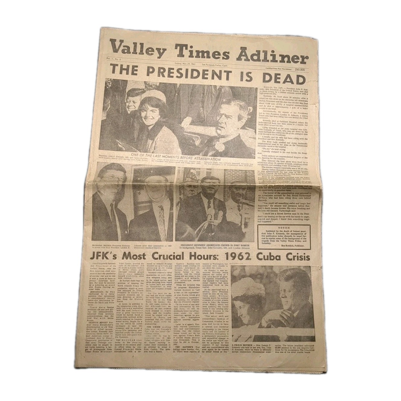 Vintage Valley Times Adliner Newspaper The President Is Dead November 24th 1963