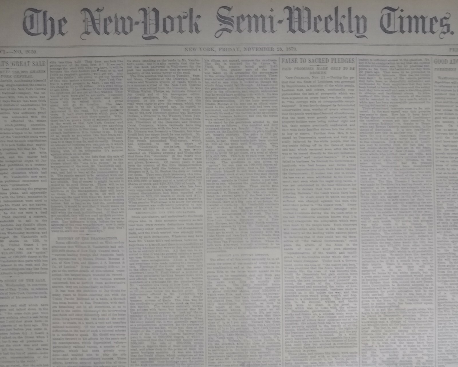 Vintage New York Newspaper November 28, 1879 William Vanderbilt Richest American