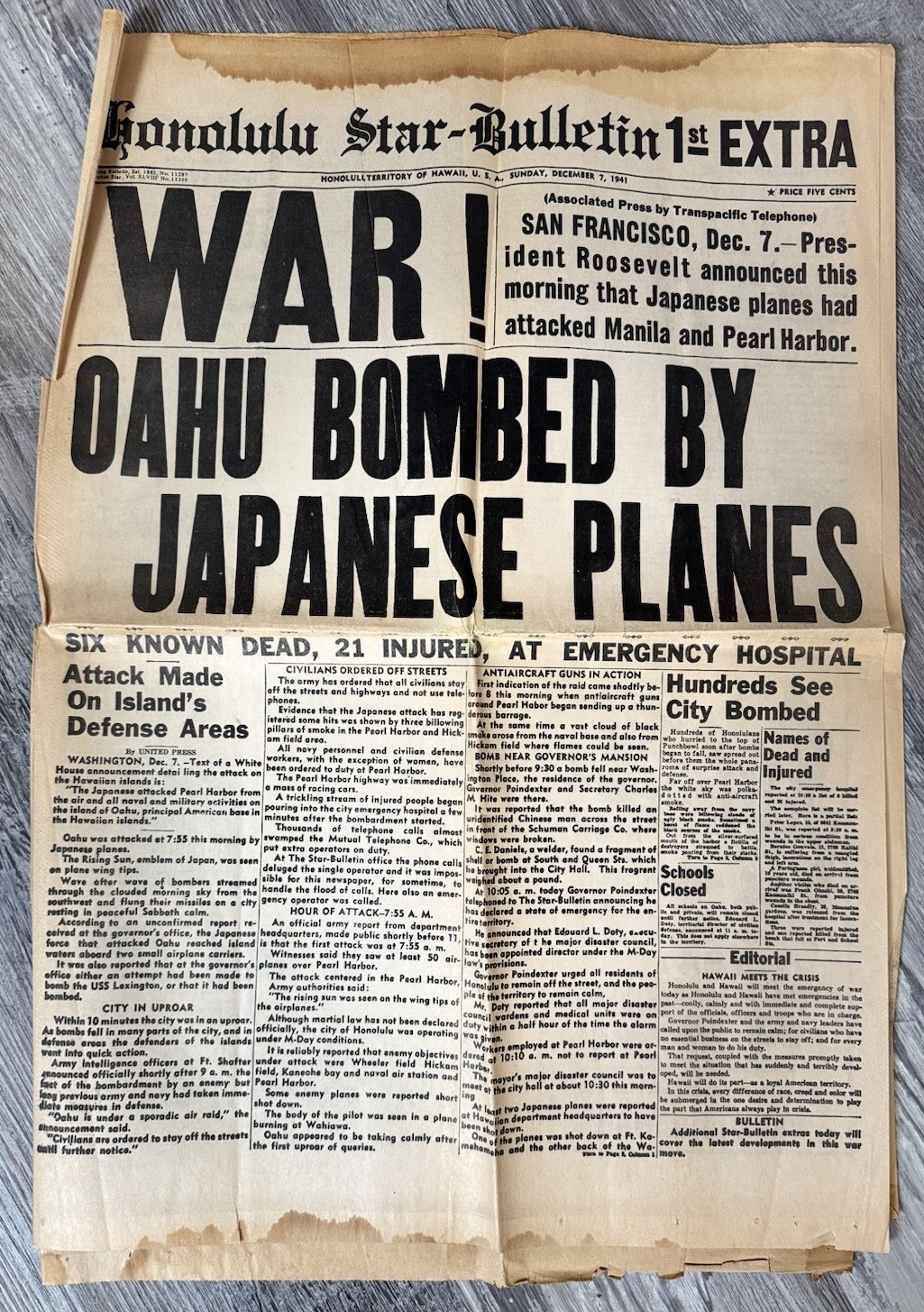 Honolulu Star Bulletin December 7, 1941, Pearl Harbor, Hawaii, 1st Extra Edition