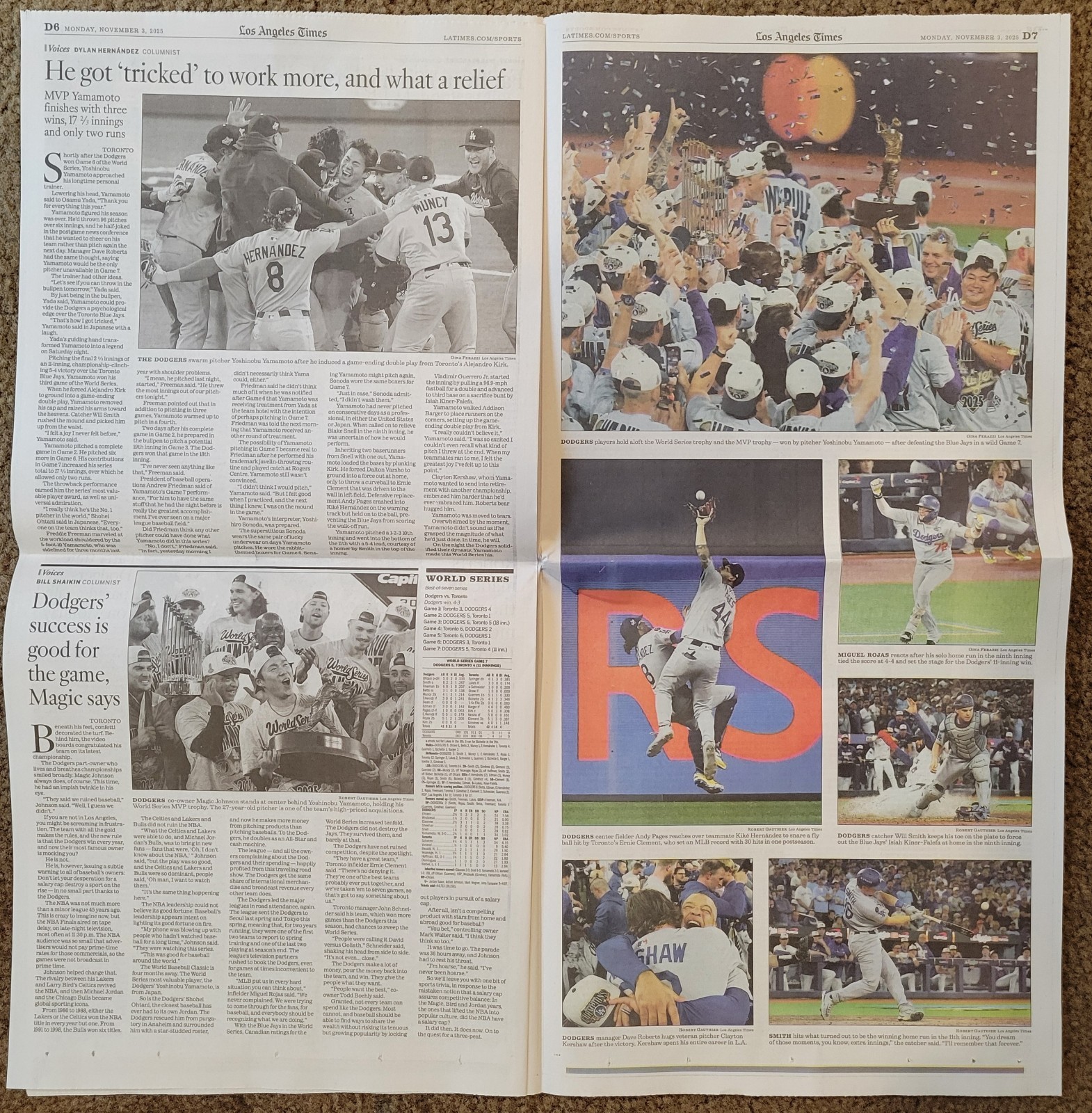 Los Angeles Times November 3, 2025 Colectible LA Dodgers MLB World Series Win