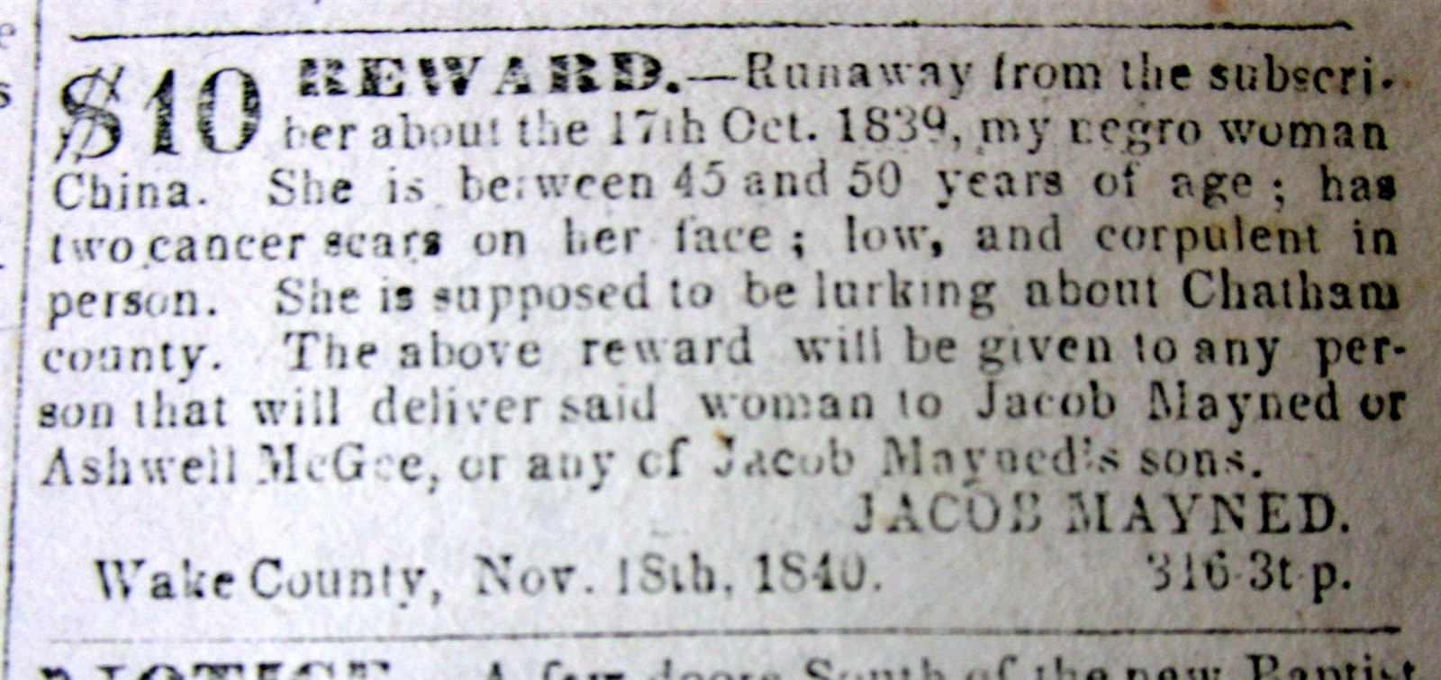 1840 Raleigh NORTH CAROLINA newspaper with RUNAWAY FEMALE NEGR0 SLAVE REWARD AD