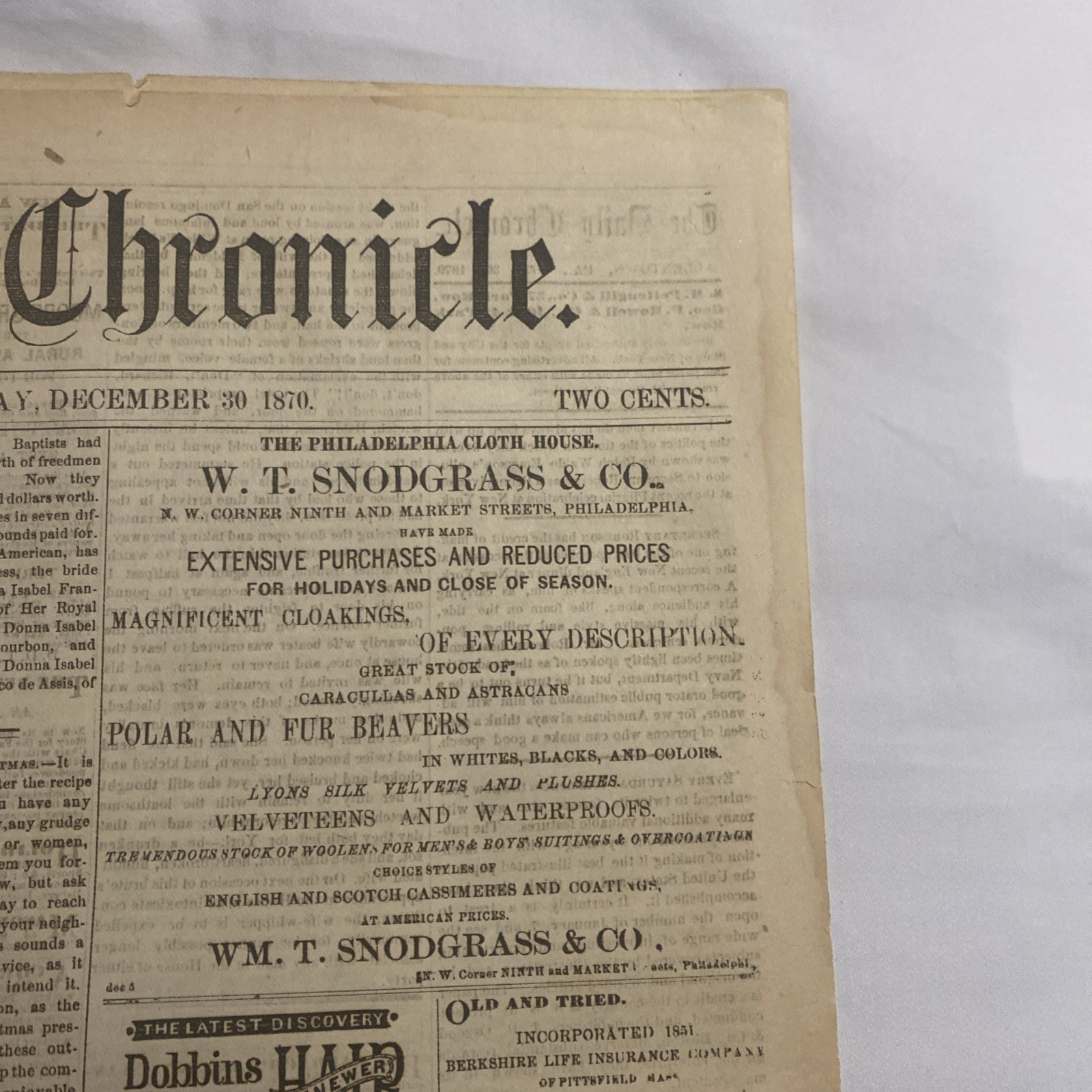 The Daily Chronicle Newspaper ~ Allentown PA, December 30, 1870