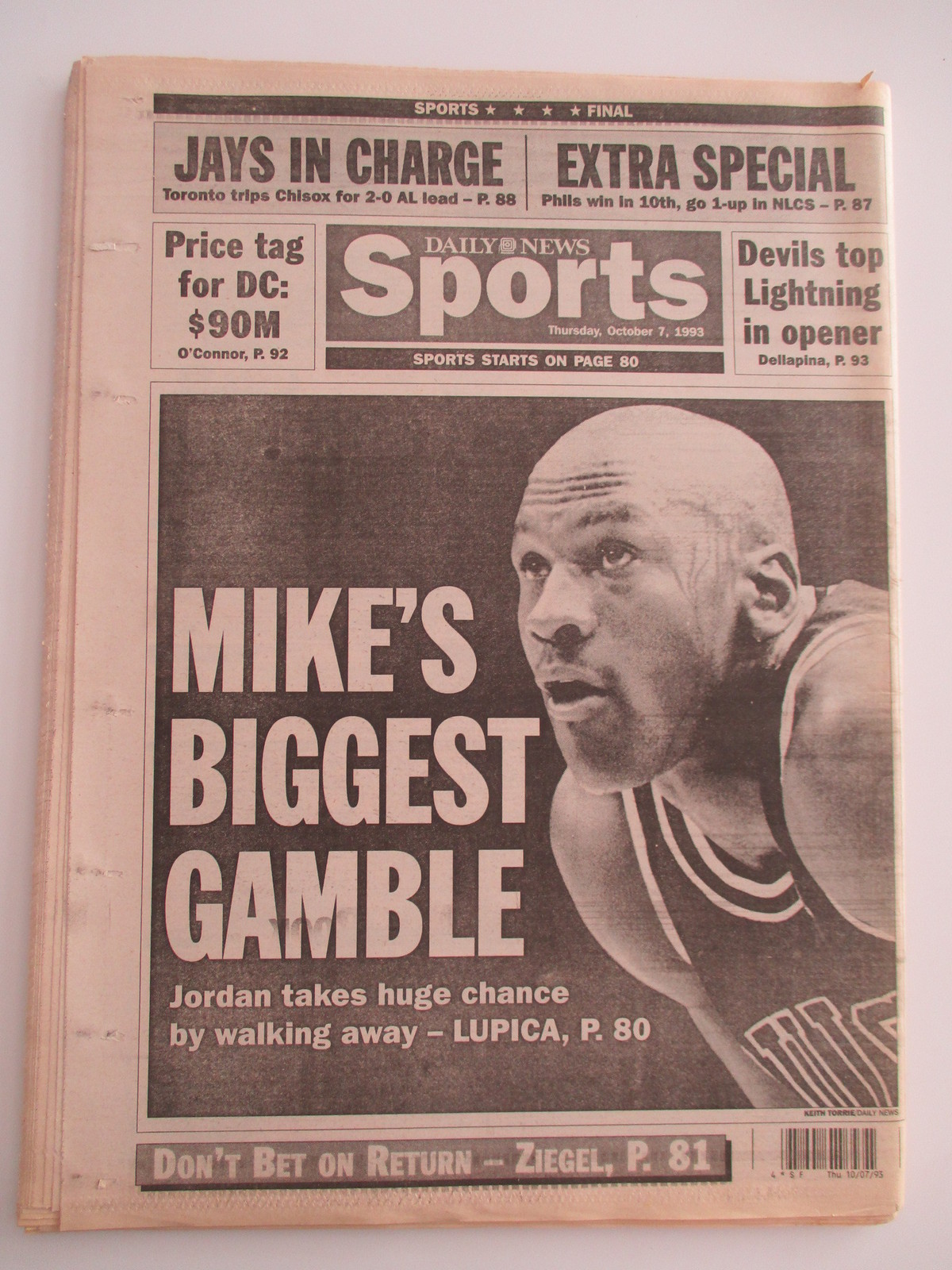 MICHAEL JORDAN GOODBYE & THANKS NEW YORK DAILY NEWS NEWSPAPER 10/7 1993 BULLS