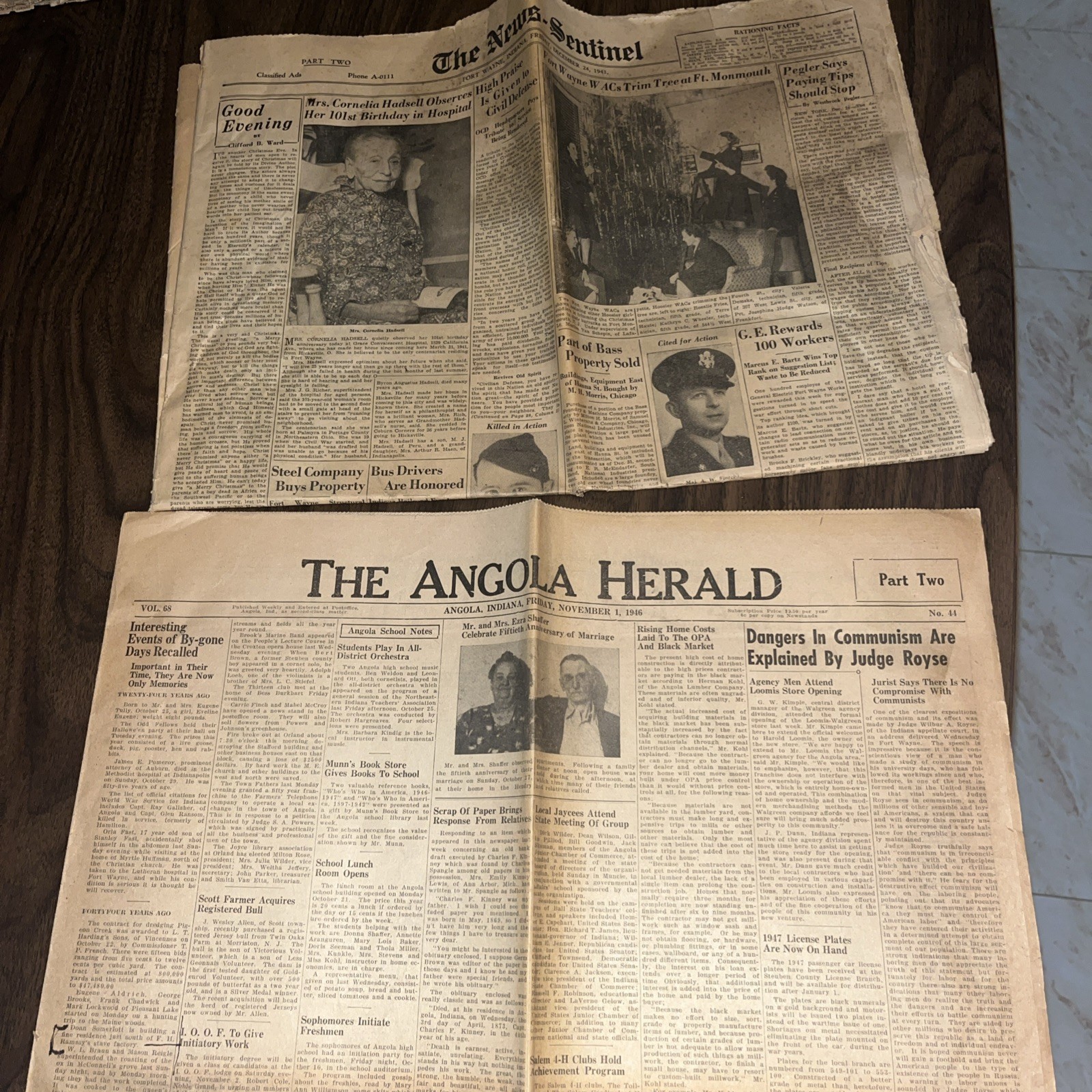 Two Newspapers From The 1940’s The Angola Herald 1946 & The News Sentinel 1943