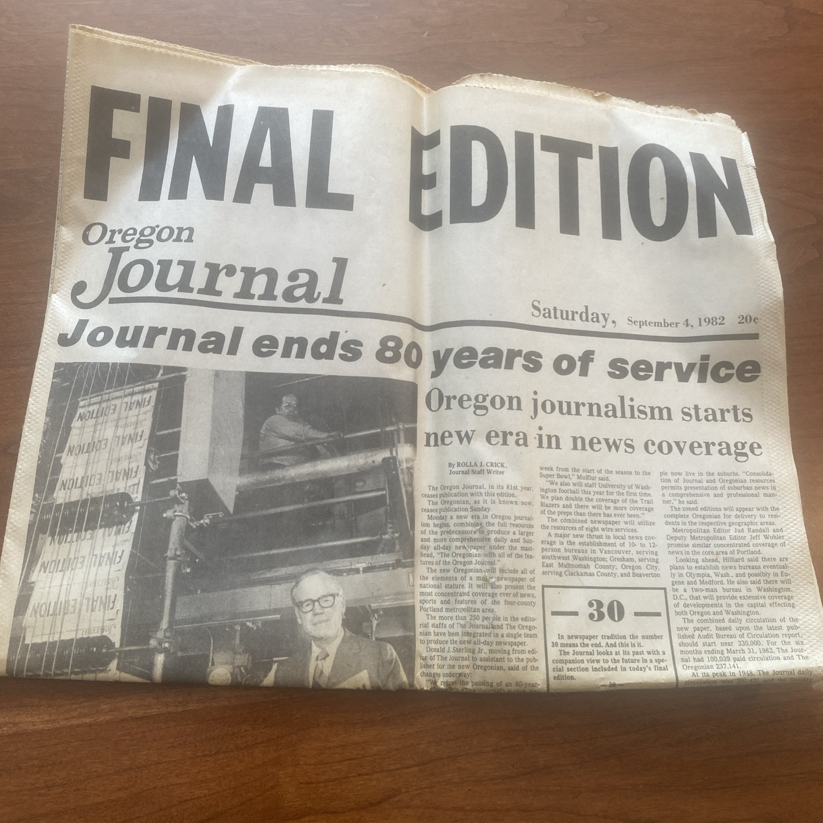 1982 OREGON JOURNAL NEWSPAPER (FINAL EDITION) SEPT 4, 1982