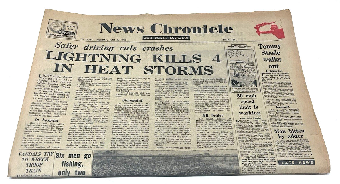 Original 1960 News Chronicle Newspaper Lightning Kills 4 In Heat Storms June 6th