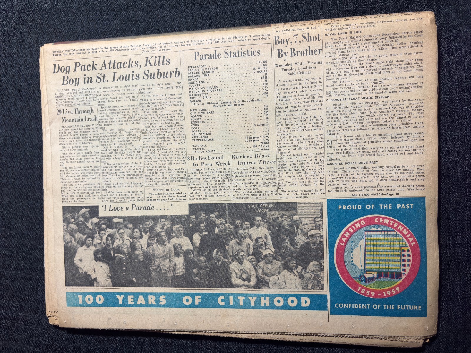 1959 May 24 THE STATE JOURNAL Newspaper VG+ 4.5 Lansing Centennial Souvenir Ed.