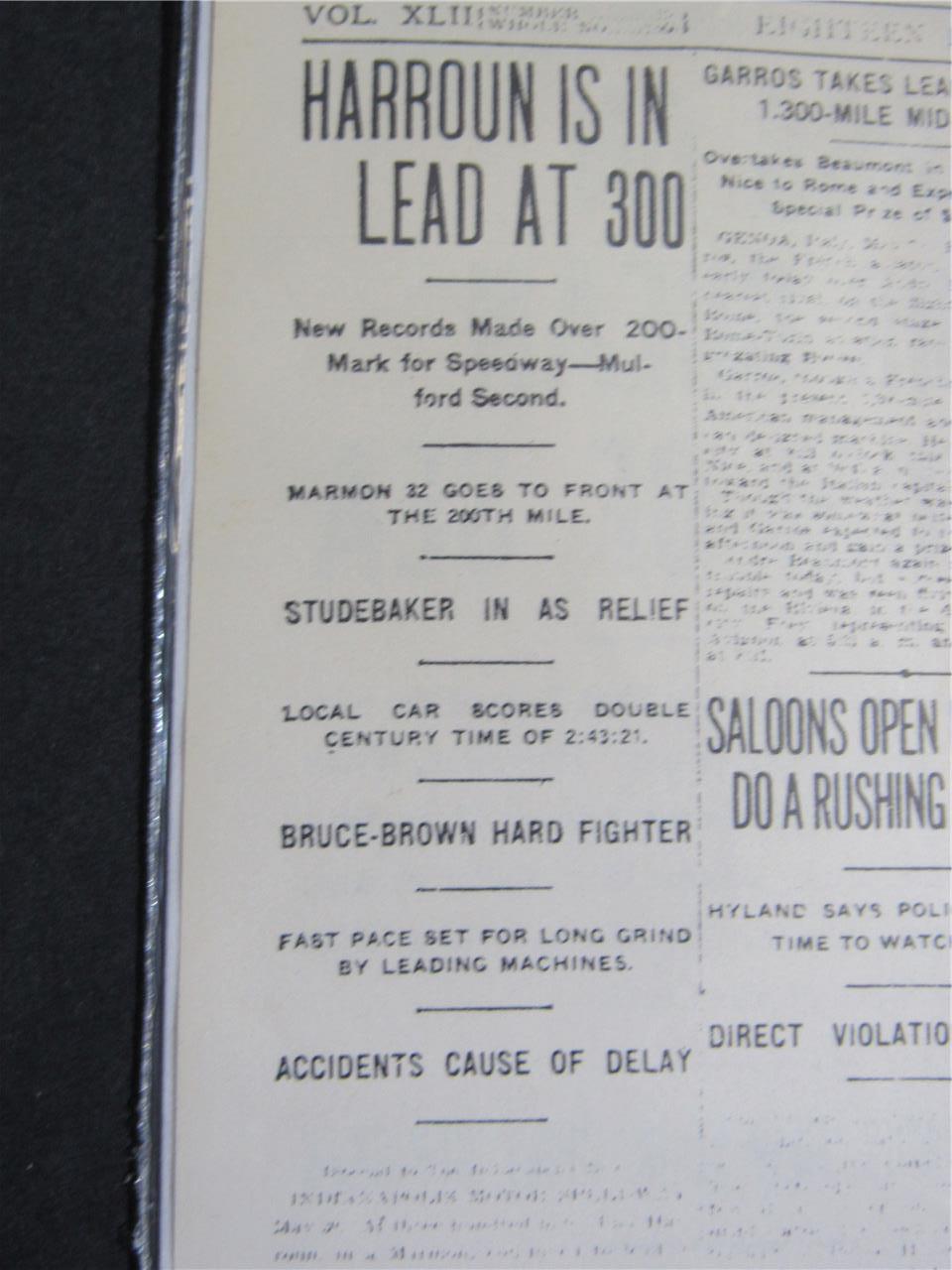 VINTAGE NEWSPAPER HEADLINE ~ HARROUN MARMON WINS 1st INDIANAPOLIS 500 RACE 1911