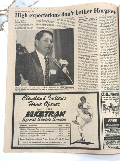 VTG 4/3/94 Cleveland Indians New Ballpark Jacobs Field Season Opener newspaper