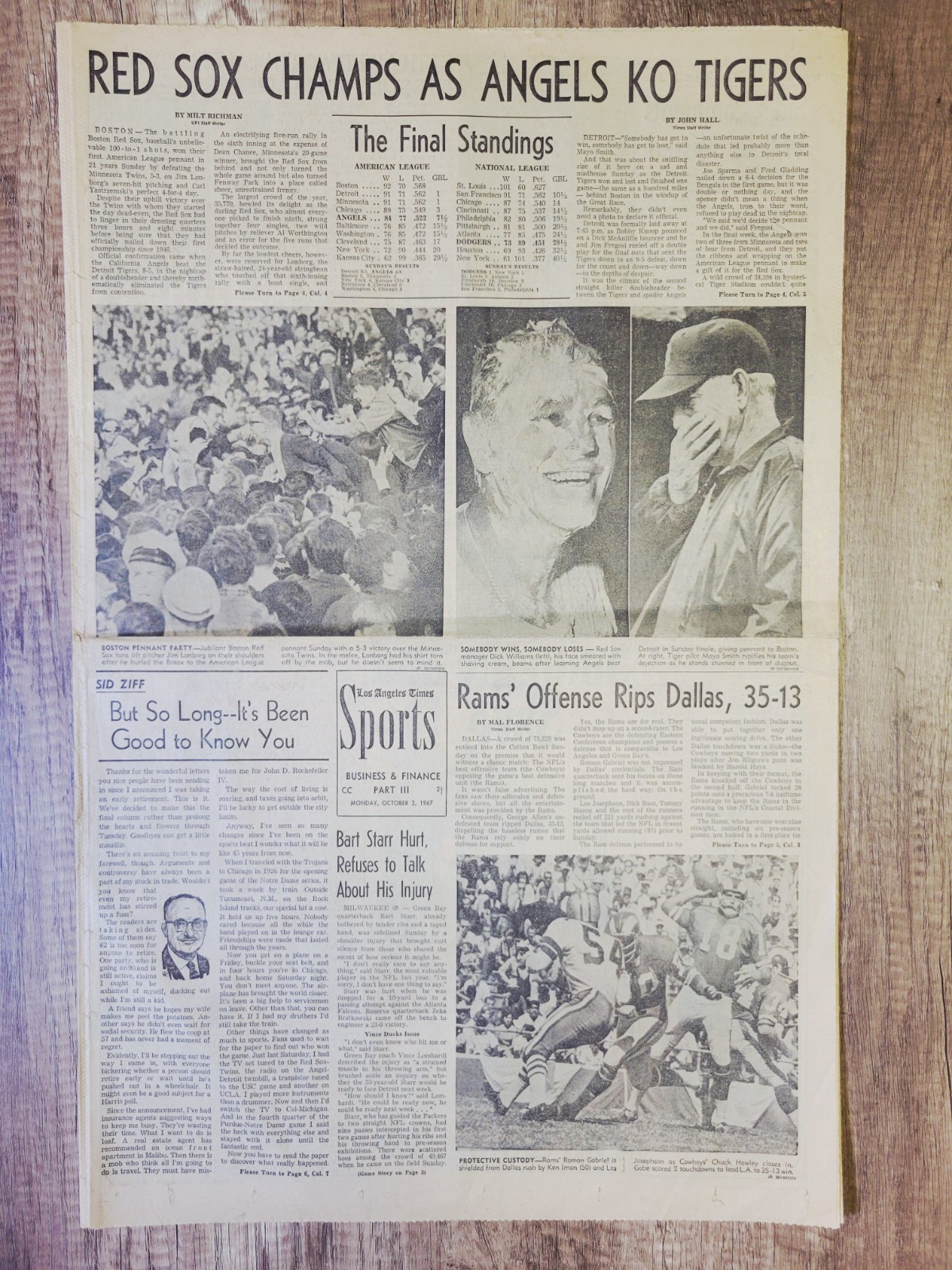 1967 Oct 2: LA Los Angeles Times Sports – Boston Red Sox Win 1st AL Pennant MLB