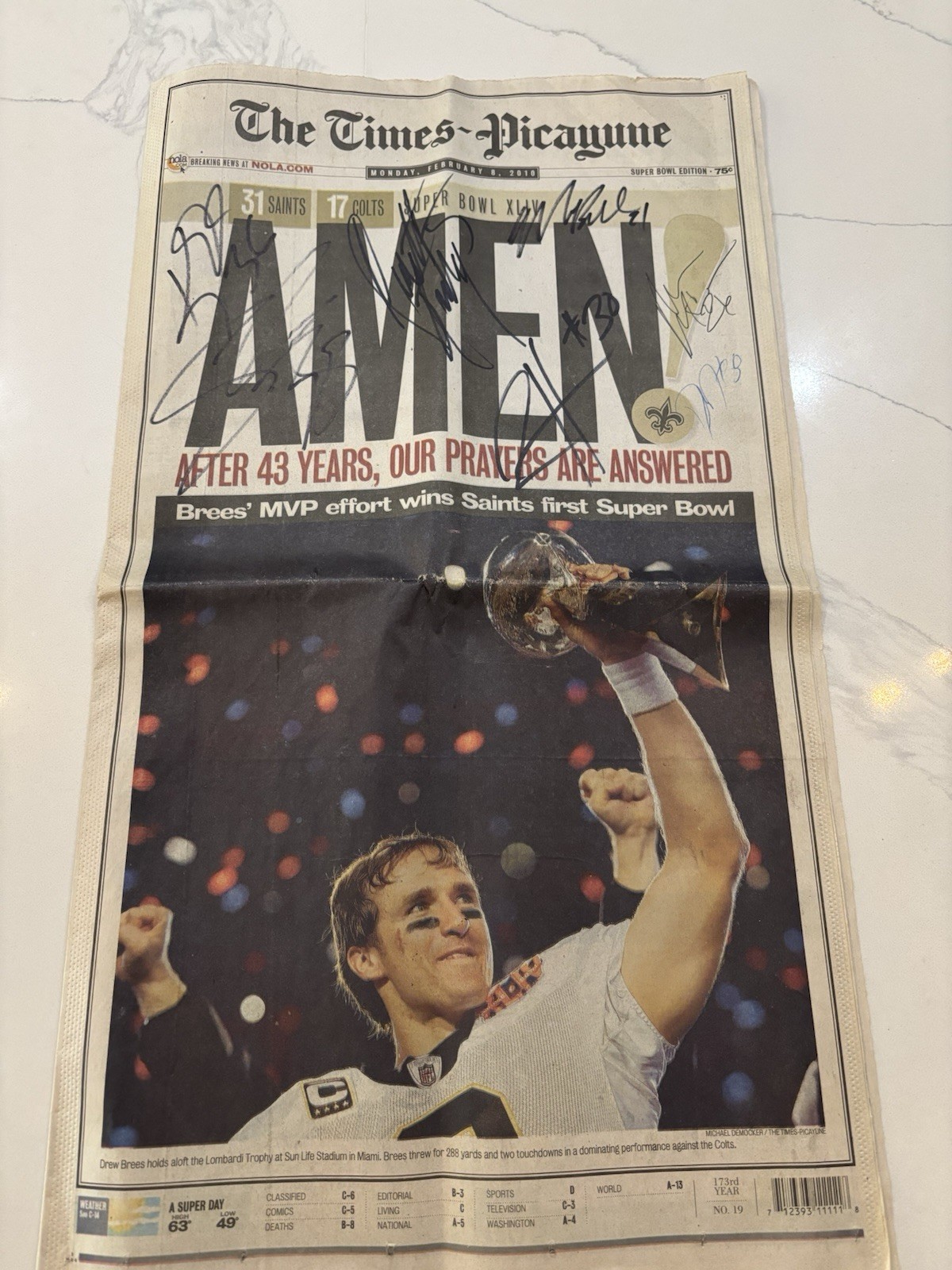 New Orleans Saints Super Bowl 2010 Times Picayune Newspaper AMEN Drew Brees