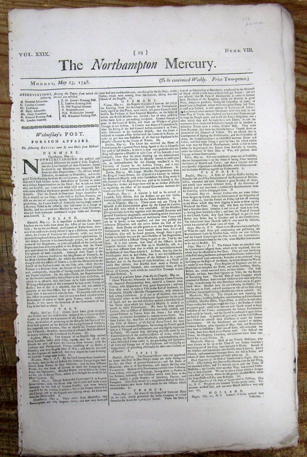 1748 newspaper COLONIAL AMERICAN King Georges WAR ENDS-TREATY of AIX-LA-CHAPELLE