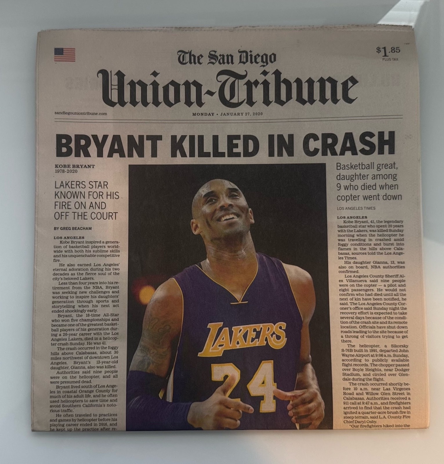 San Diego Union-Tribune Jan 27 2020 Kobe Bryant Killed Crash First COVID Cases C