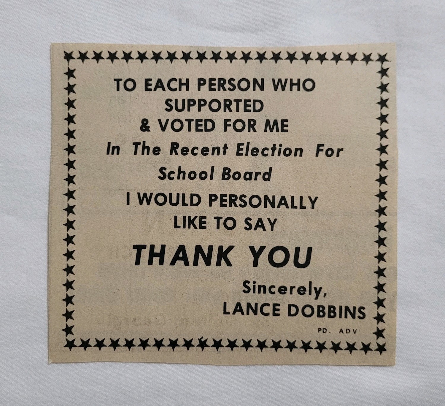 Vintage Lance Dobbins School Board Rutherford County NC Newspaper Advertisement