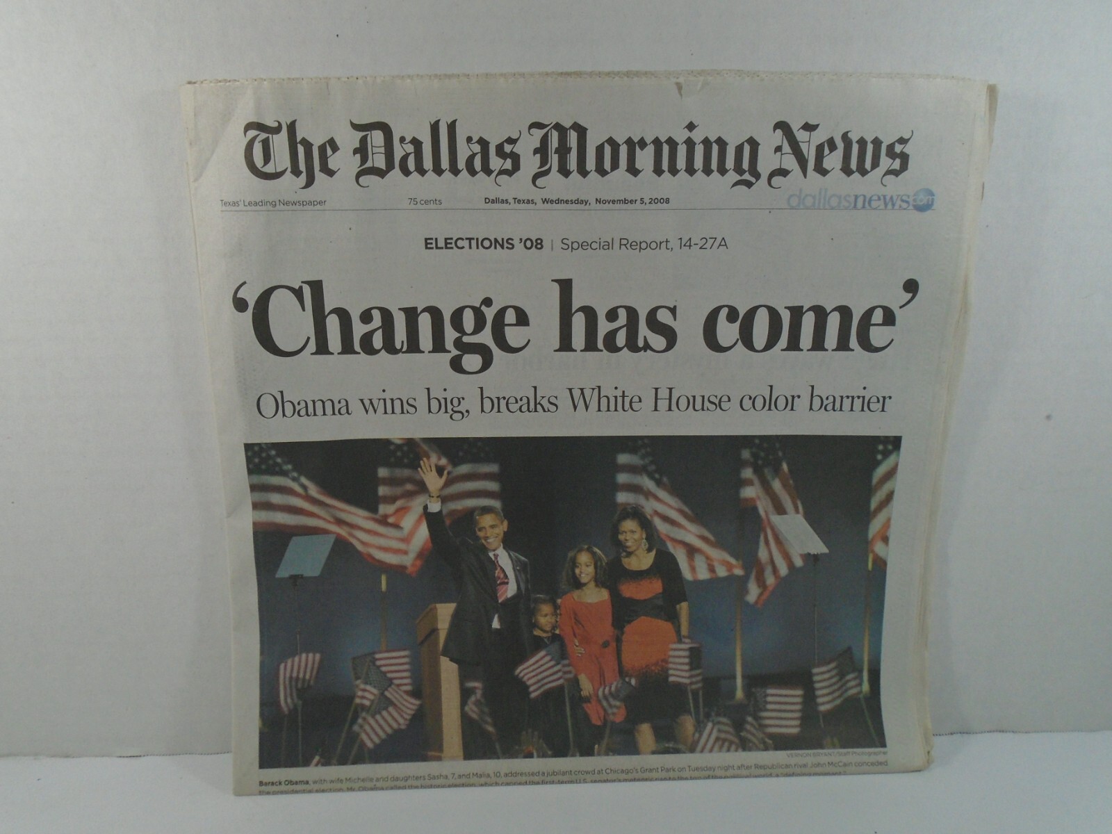 THE DALLAS MORNING NEWS–NOVEMBER 5. 2008–CHANGE HAS COME, OBAMA WINS BIG