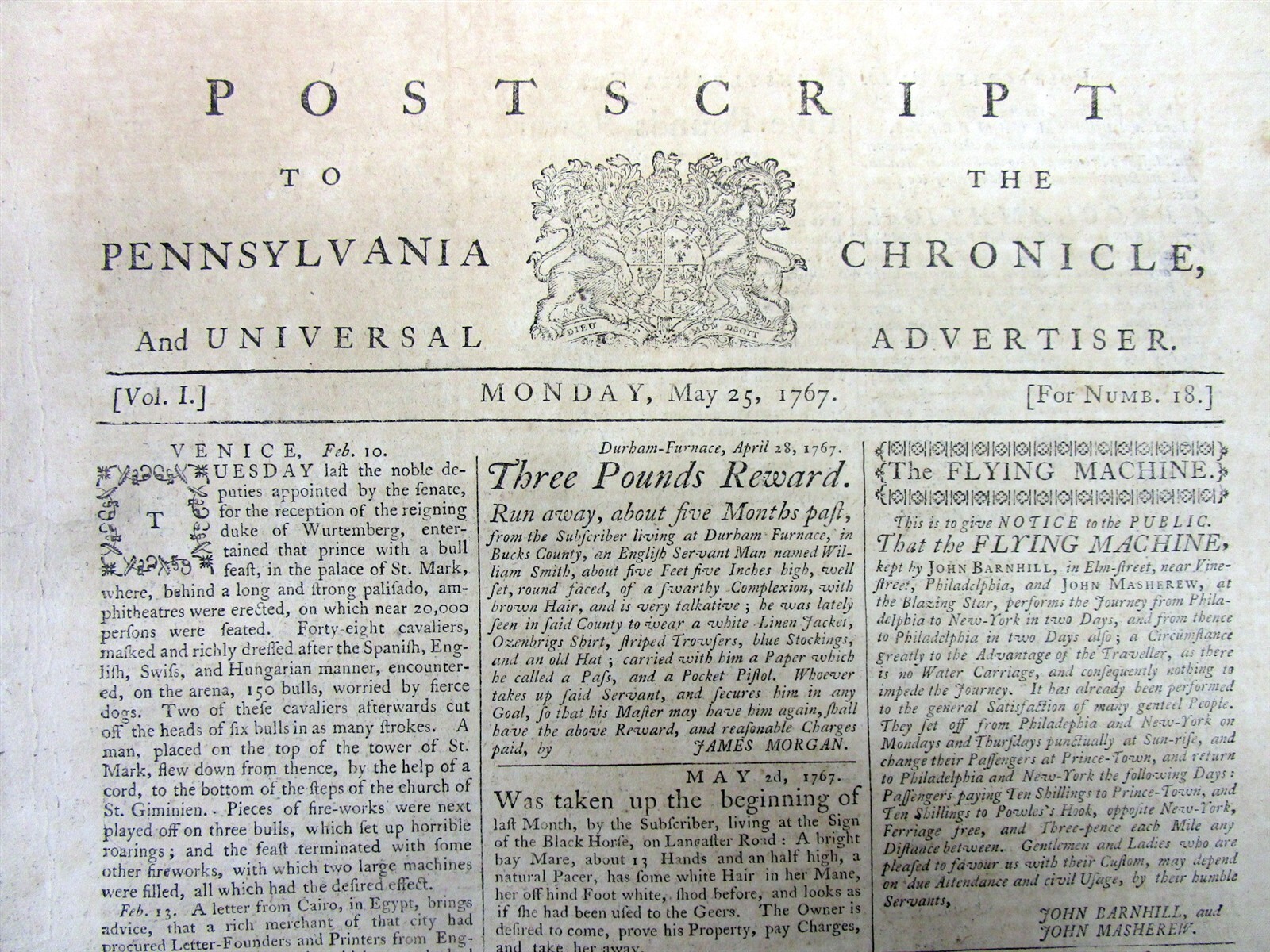 1767 Colonial PHILADELPHIA newspaper & extra WILLIAM PENN founding PENNSYLVANIA