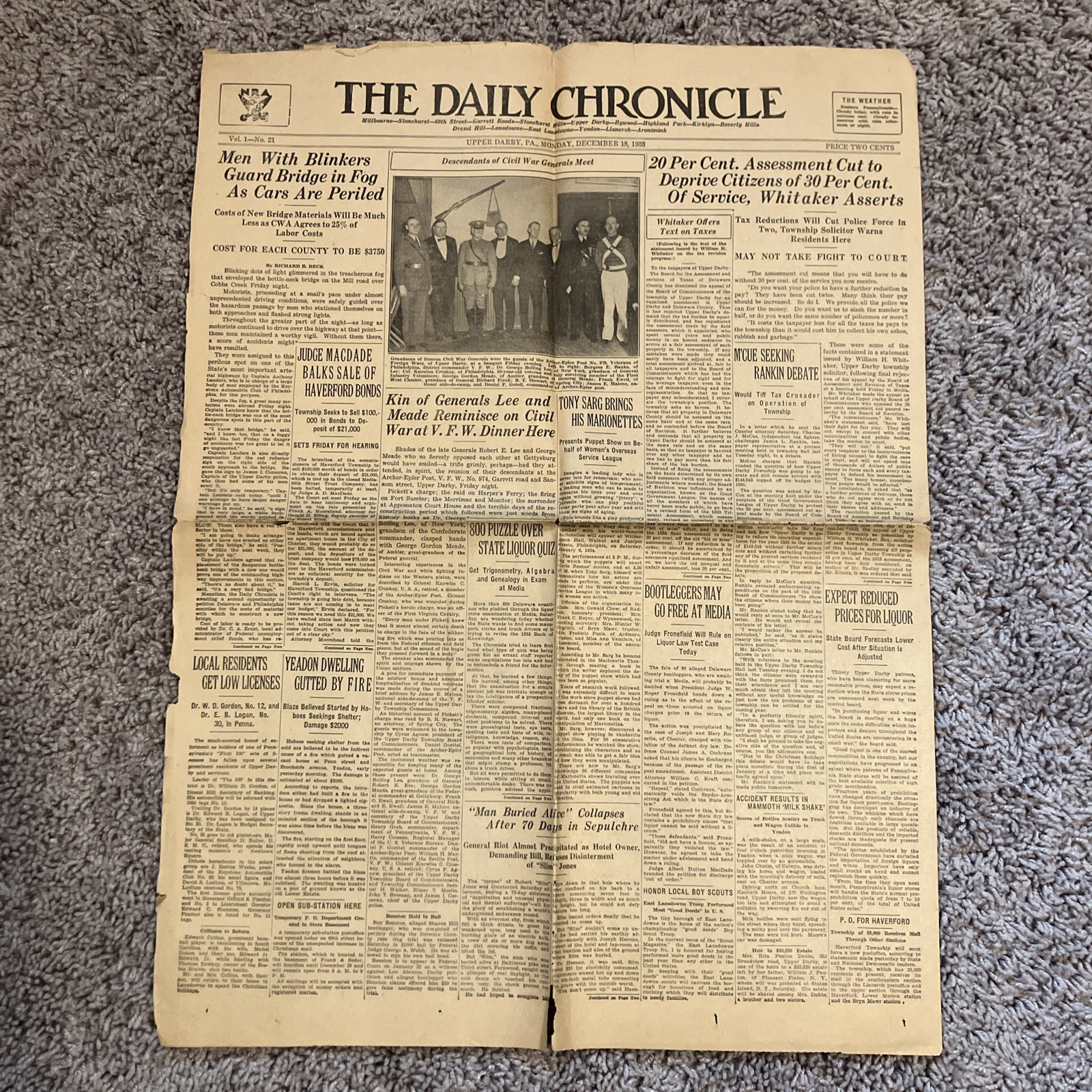 ATQ The Daily Chronicle Upper Darby PA Generals Lee Meade Civil War Dec. 18 1933