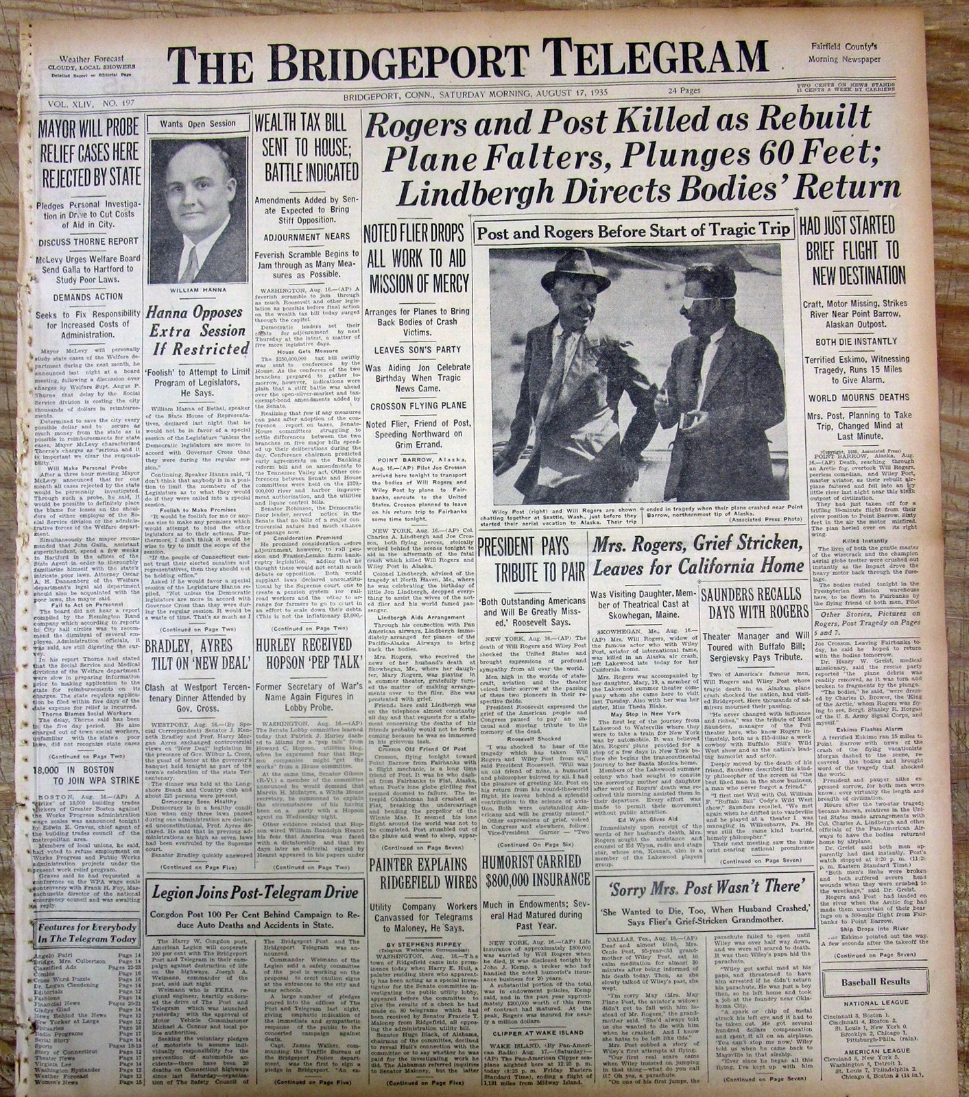 1935 newspaper WILL ROGERS & WILEY POST DIE in Alaska AVATION air plane CRASH