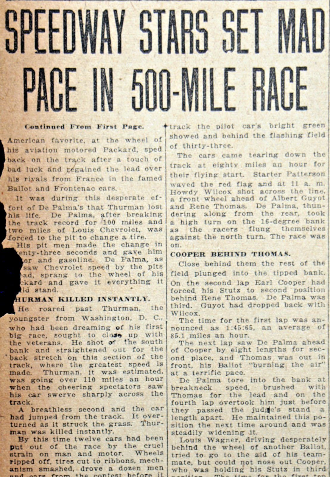 1919 Newspaper Front & Sports Page – Drivers Killed at Indianapolis 500 Race