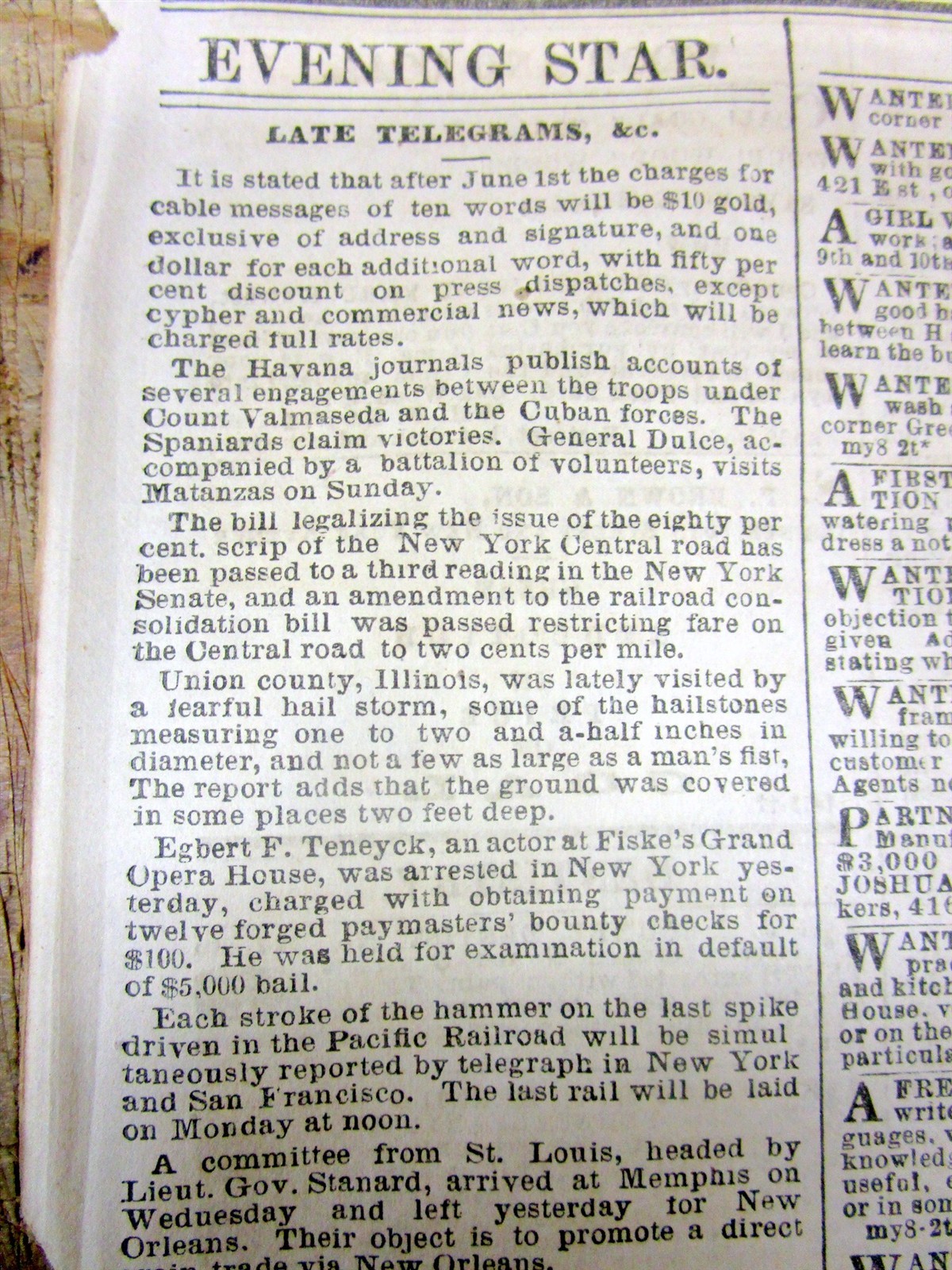 1869 newspaper 1st TRANSCONTINENTAL RAILROAD COMPLETE “Golden Spike” & Telegraph
