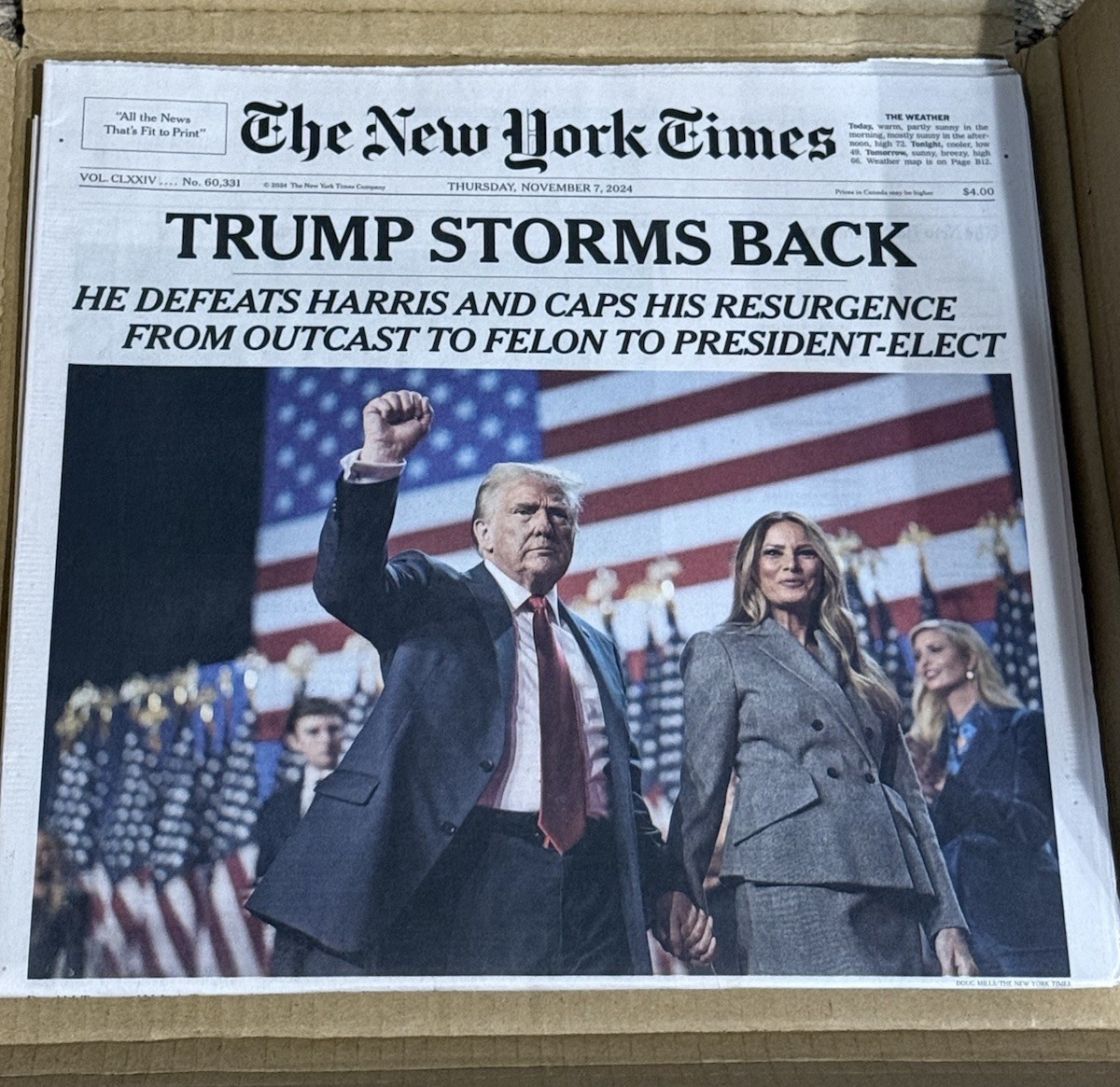 NEW YORK TIMES NOV 7, 24 DONALD TRUMP Wins 47TH PRESIDENTIAL Election Newspaper