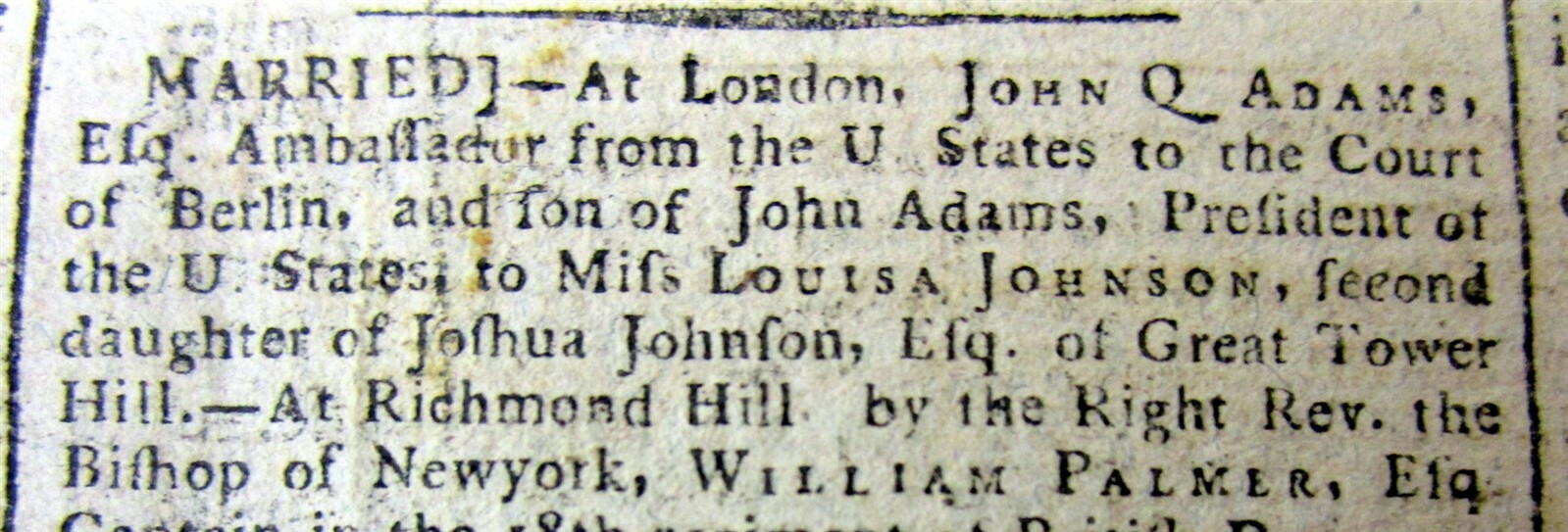 Best 1797 newspaper FUTURE PRESIDENT JOHN QUINCY ADAMS is MARRIED in LONDON